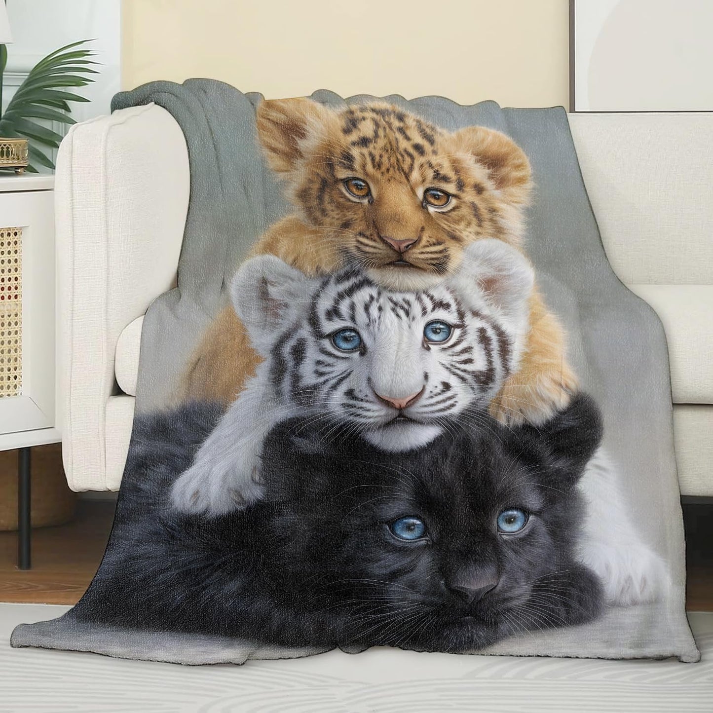 Zeleda Cute Wildlife Flannel Blanket, Soft Cozy Throw with Tiger Lion Leopard, Realistic Animal Home Bedroom Decor and Gifts for Kids Girls Boys, Lightweight Blankets for All Seasons, 50x60 Inch