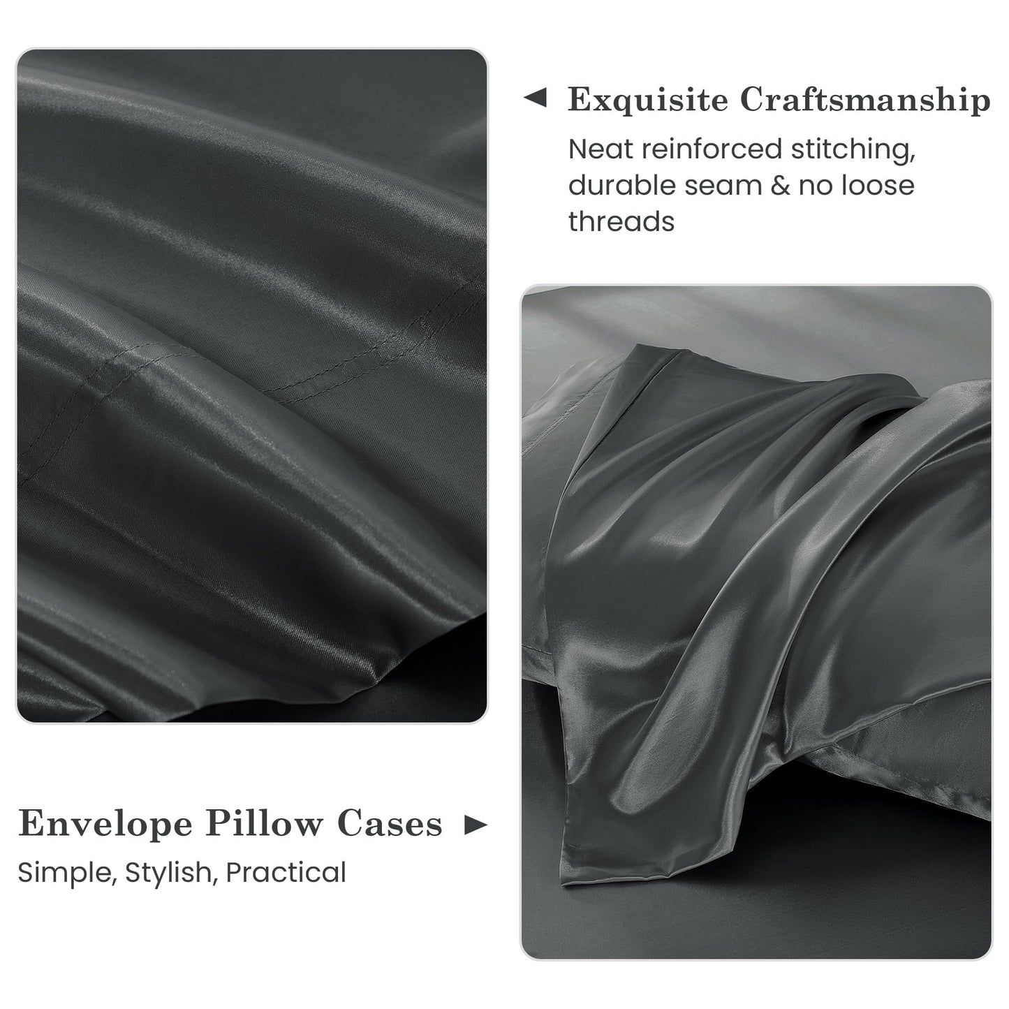 lasoftan Silk Satin King Sheets Set, Silky Fitted Bed Sheets with 15" Deep Pocket and Non-Slip Corner Straps, Luxury Hotel King Size Satin Sheets, Grey Cooling Sheets & Pillowcase Set