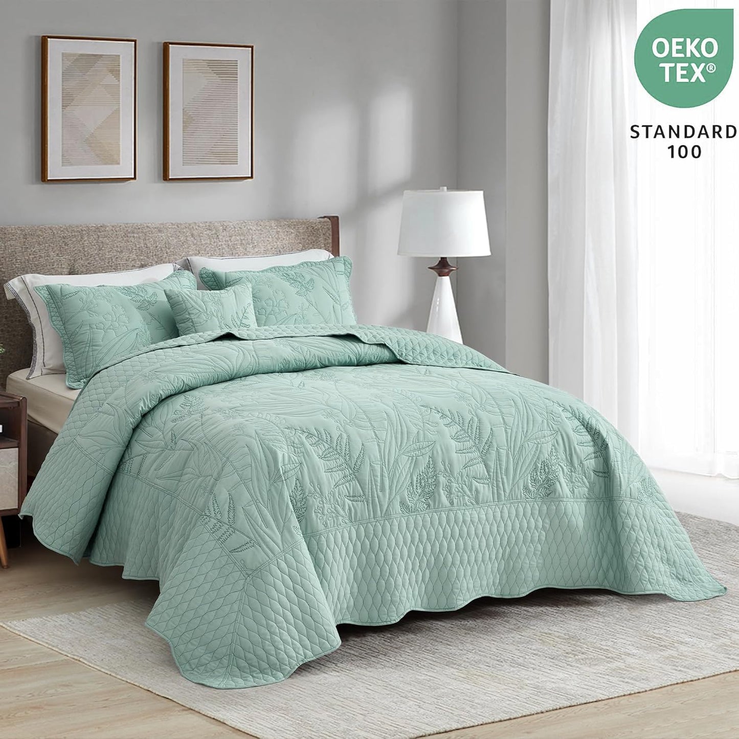 DaisyHuang Botanical Oversized Bedspread Queen Size - Leaves Pattern Stitching Quilt Set - Elegant & Fresh Style Bedding Coverlets, Reversible, Lightweight, 5 Piece, Seaglass