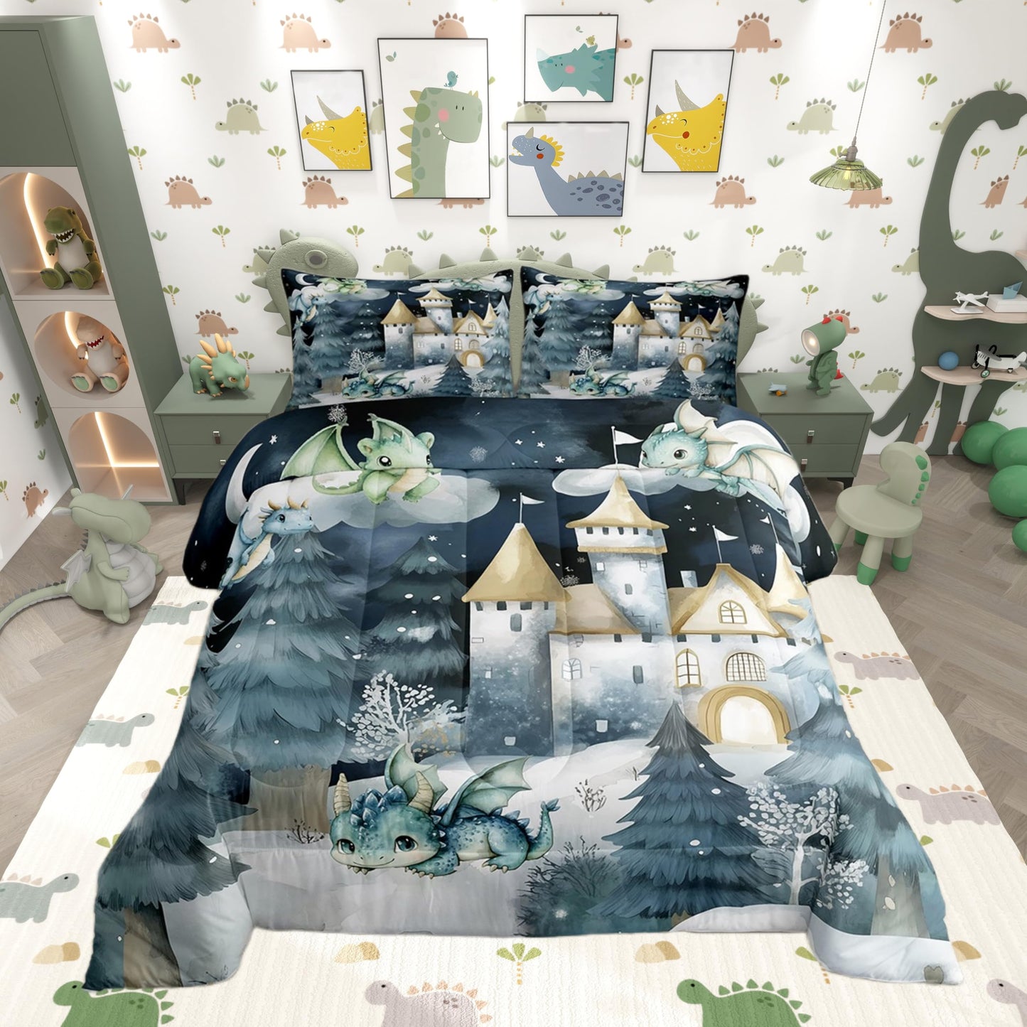 Kids Boys Dragon Toddler Bedding Set,Cartoon Castle Wildlife Comforter Set Bed Set Boys Men Bedroom Decor,Mystery Night Jungle Pine Trees 2 Pieces Quilt Set,Tie Dyed Duvet Insert,1 Pillow Case