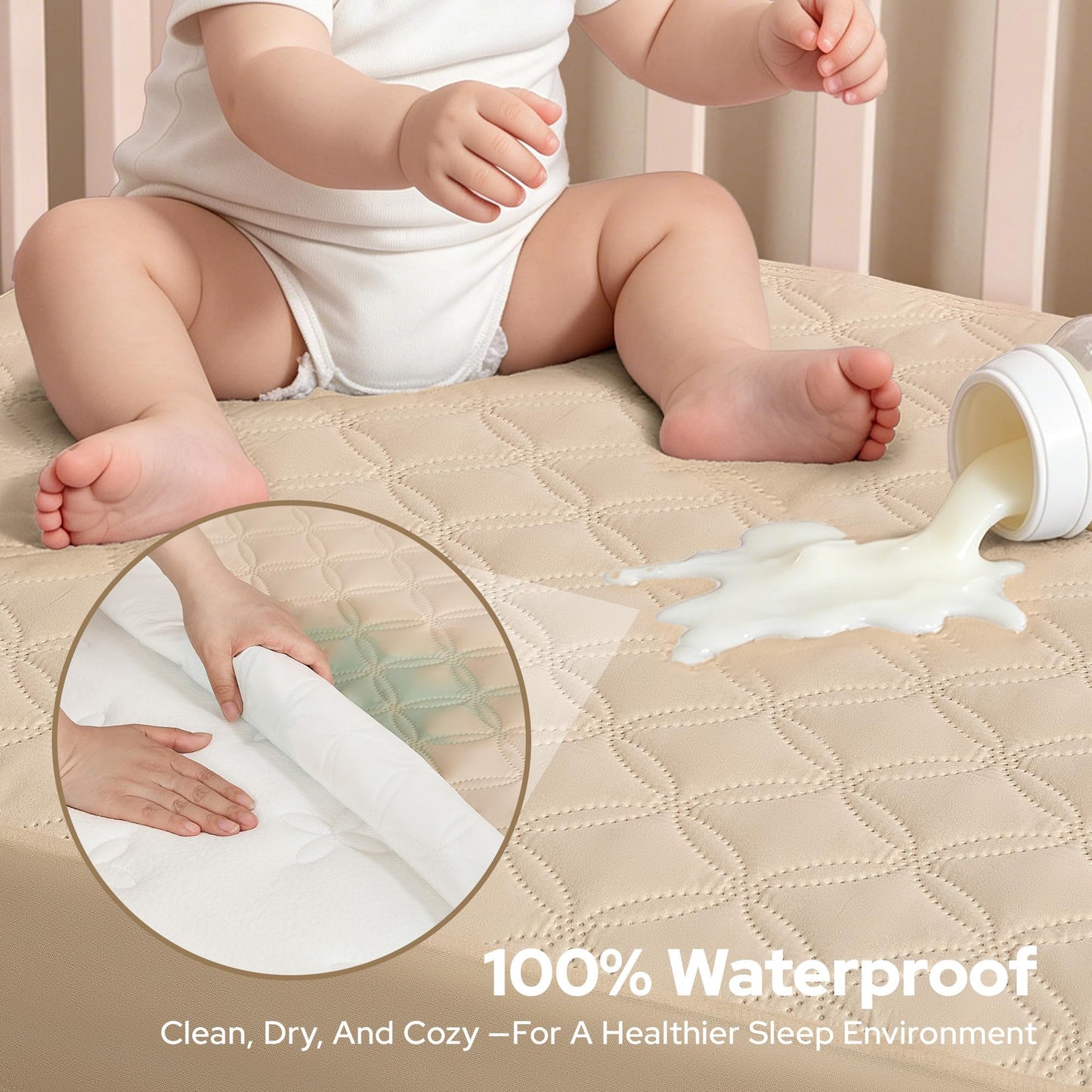 BEDLORE Crib Mattress Protector 2-Pack, Waterproof Beige 52"x28"
