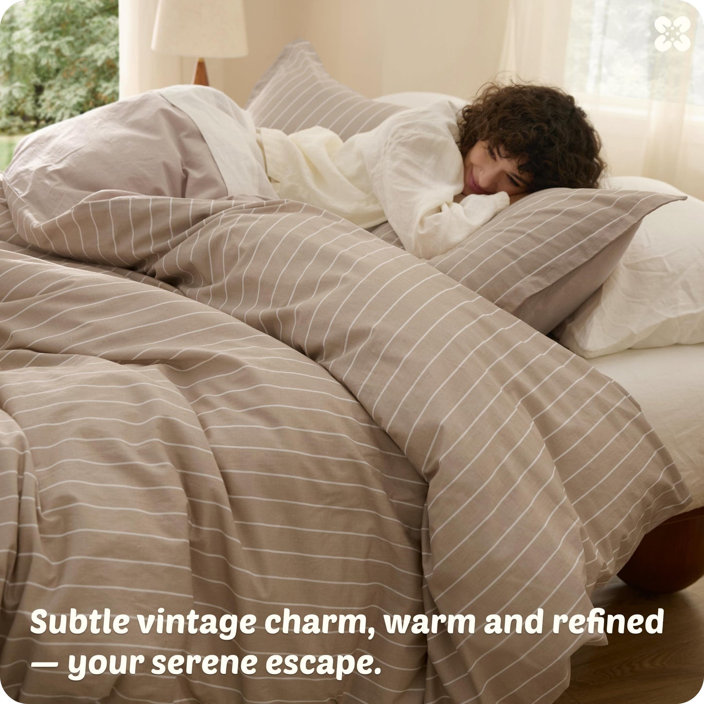 Bedsure Striped Duvet Cover Queen Size, 100% Washed Cotton PureWoven Duvet Cover Linen Like Textured, Classic Striped Pattern Enhances Bedroom Comfort and Style, Stripes Tan/White, 90"x90"