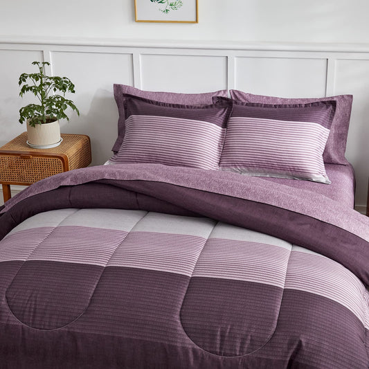 Flysheep Ombre Striped Bed in a Bag 7 Pieces Queen Size, Purple and Grey Stripes Comforter Sheet Set (1 Comforter, 1 Flat Sheet, 1 Fitted Sheet, 2 Pillow Shams, 2 Pillowcases)