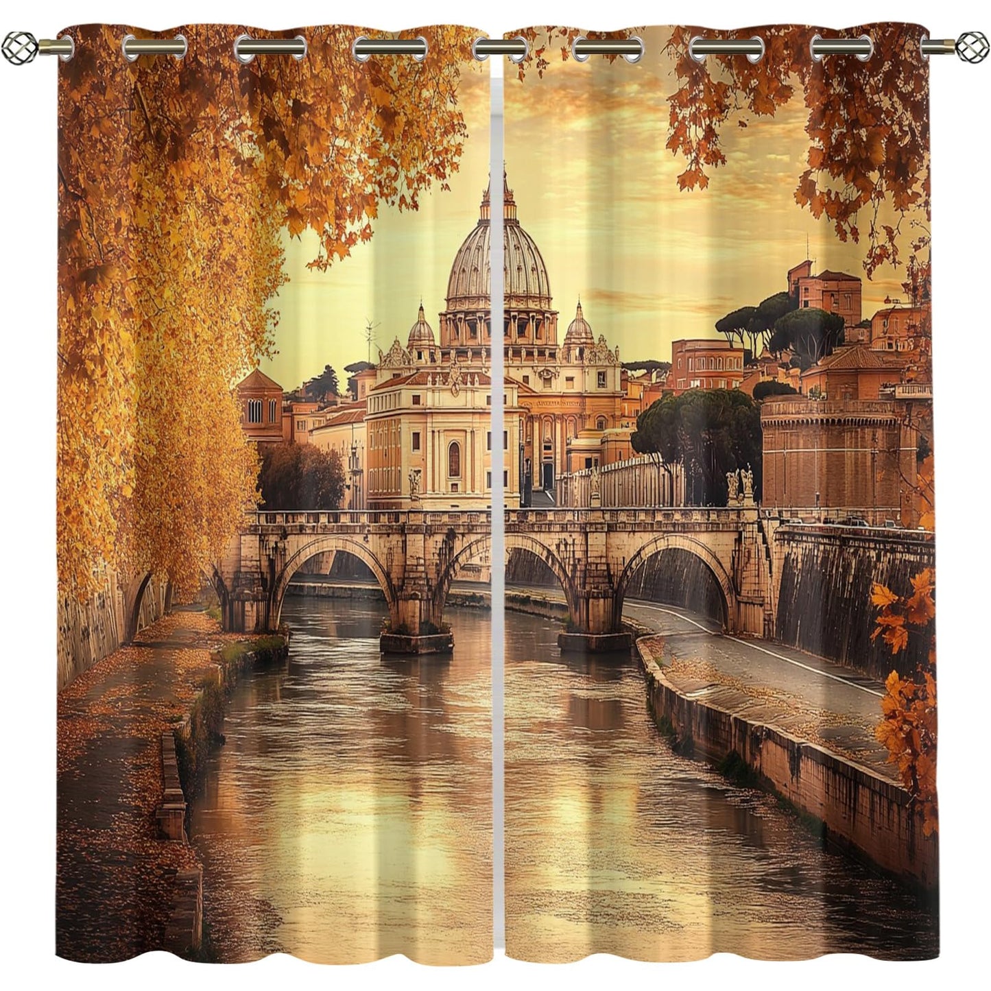 XAFIAUR Castle Blackout Curtains Autumn City View Darkening Grommet Window Drapes European Architecture Print Decor Curtains Apartment Bedroom Living Room 2 Panel Set, 26" W x 63" L x2