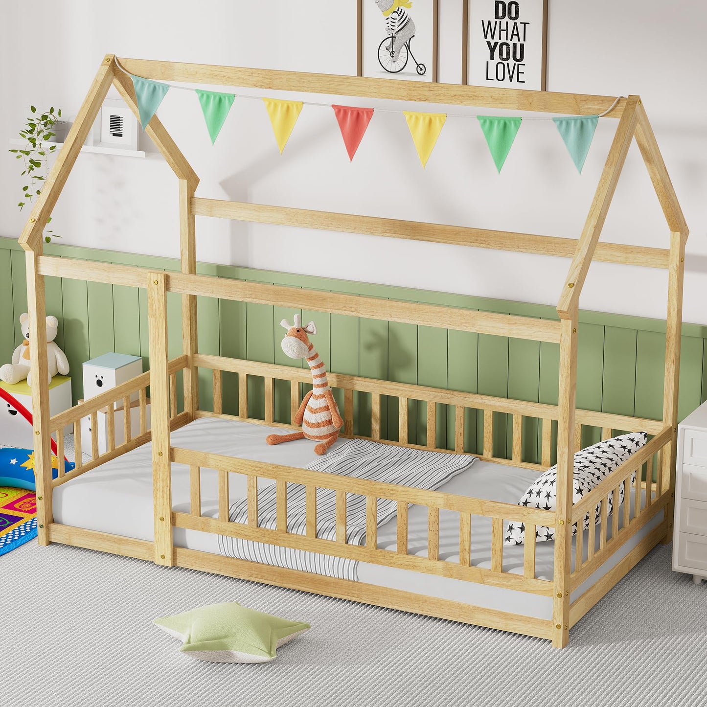 PVWIIK Twin Montessori Floor Bed with High Rails & Roof for Kids Bedroom,High Rails Bed Frame with Fence,No Box Spring Needed, Natural