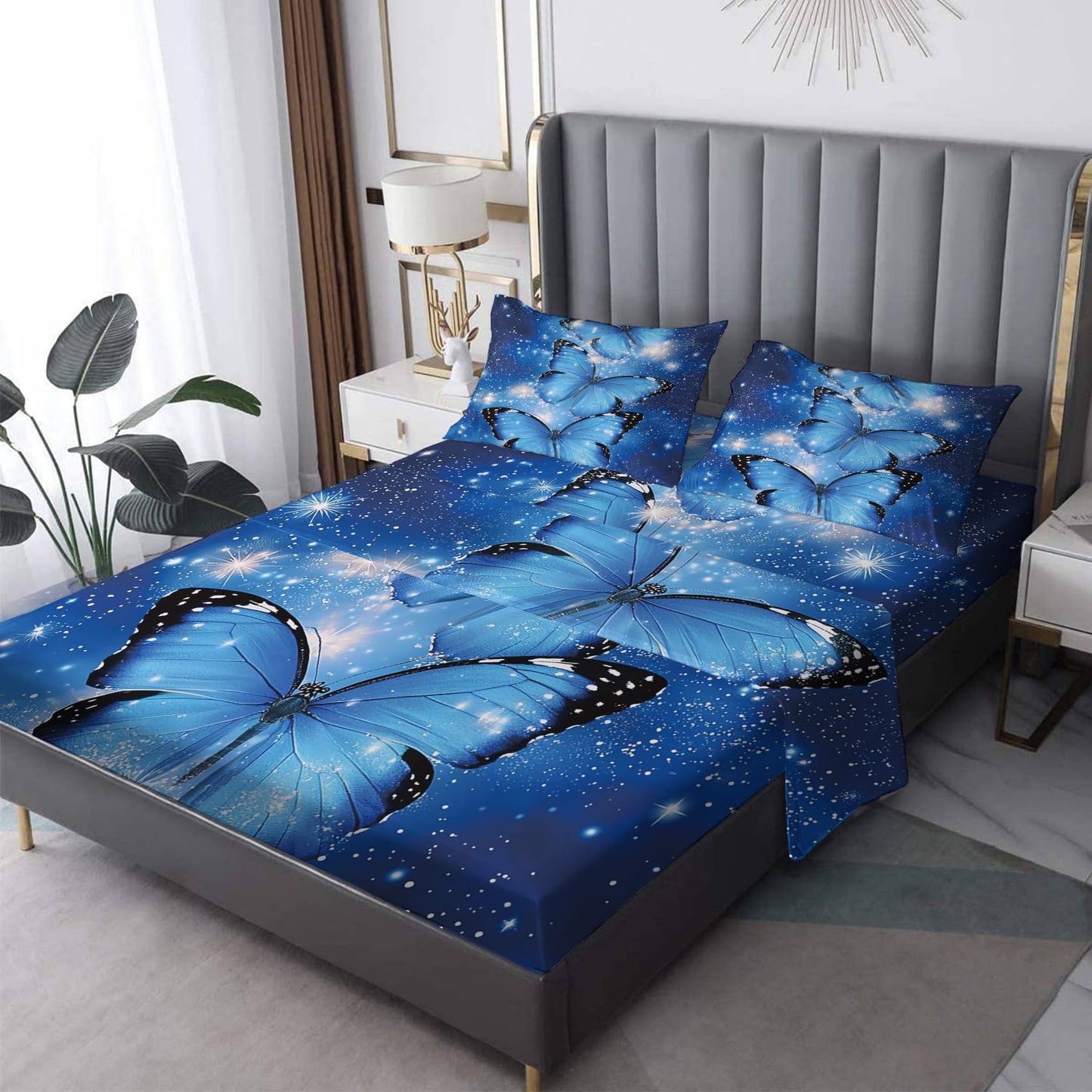 Rejkxyw King Size Sheets Set Blue Butterfly - Fantasy Butterflies Bed Sheets - Galaxy Sheet Set - 12 Inch Deep Pocket - Ultra Soft Winkle Free Microfiber Bedding Sheets & Pillowcases 4 Piece