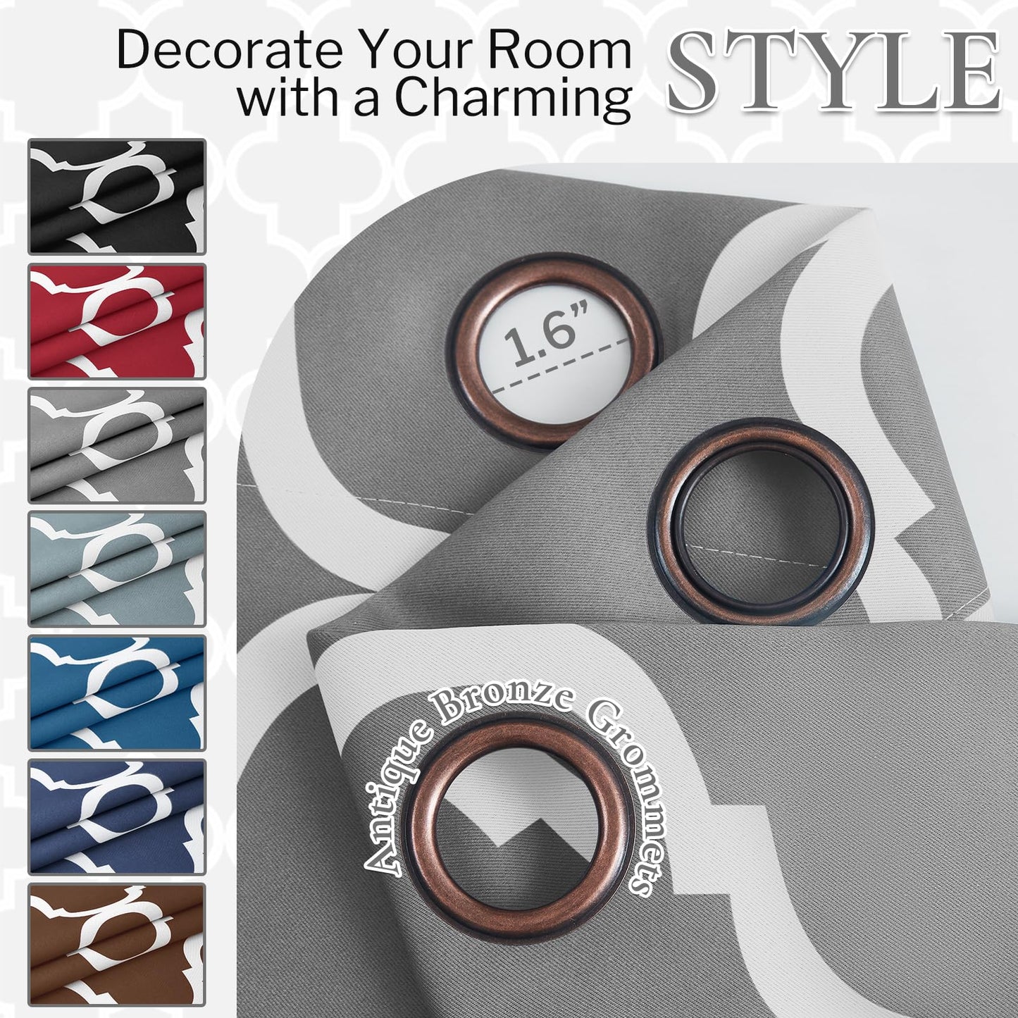 Melodieux Moroccan Printed Room Darkening Blackout Grommet Curtains for Living Room Bedroom, 52 by 84 Inch, Grey (2 Panels)
