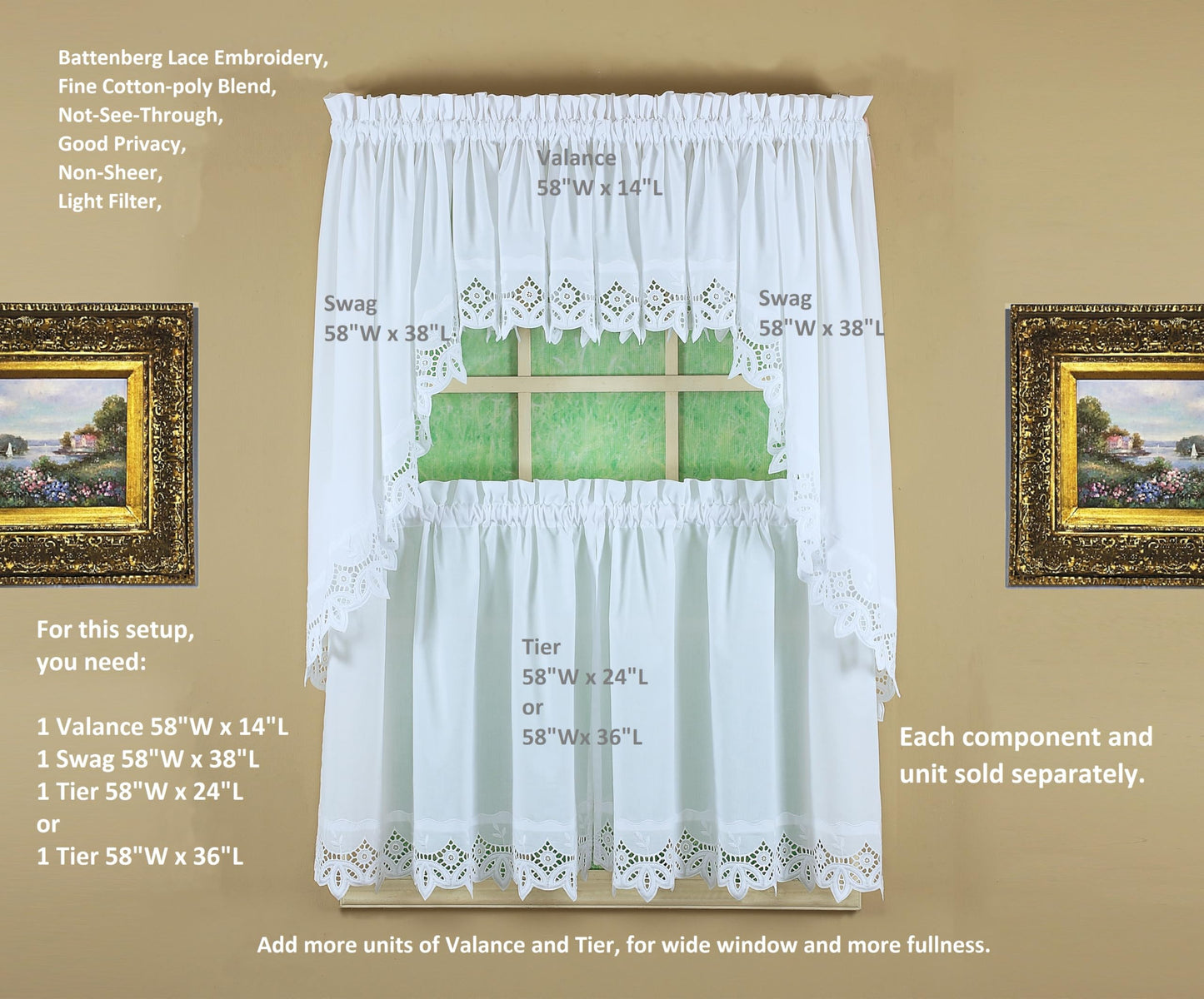 Today's Curtain, Heirloom Battenberg Eyelet Valance 14", White, 58" W x 14" L