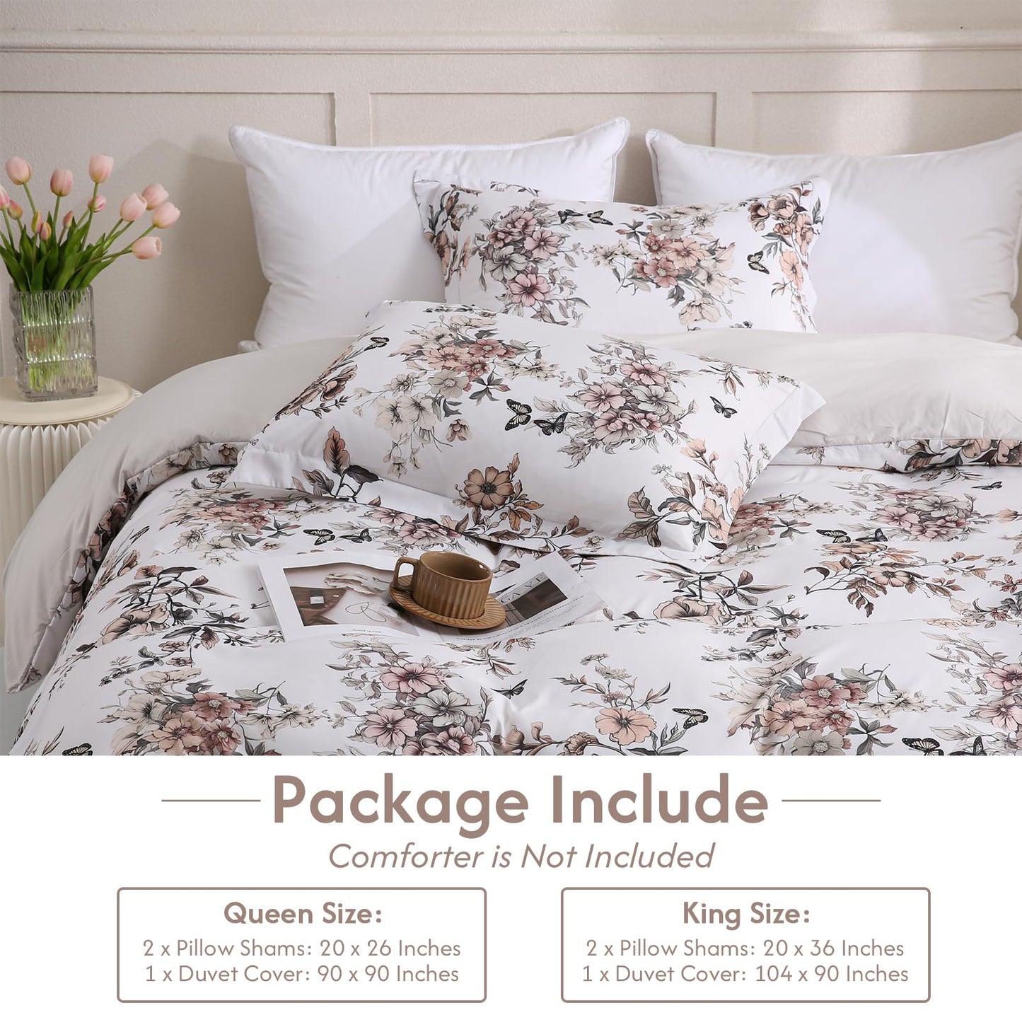 LONAVA Queen Floral 3 Pcs Duvet Cover Set, Breathable Soft Microfiber Light Grey Lining Comforter Cover with Zipper Closure, and 2 Anti-Pilling, Fade Resistant Pillowcases, Withered Flowers