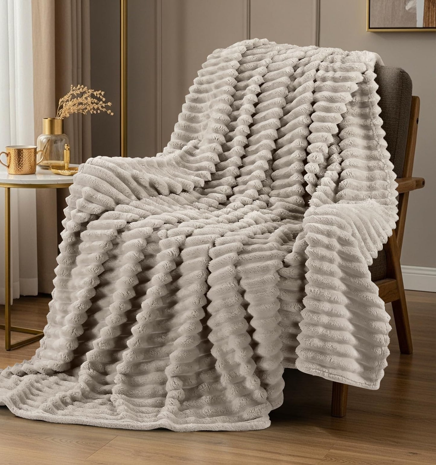 Utopia Bedding Linen Striped Fleece Blanket Throw Size – Fluffy, Warm & Lightweight Ribbed Throw for Bed, Sofa & Chair - Soft Cozy Blanket for Home Décor & Gifting (50x60 Inches)