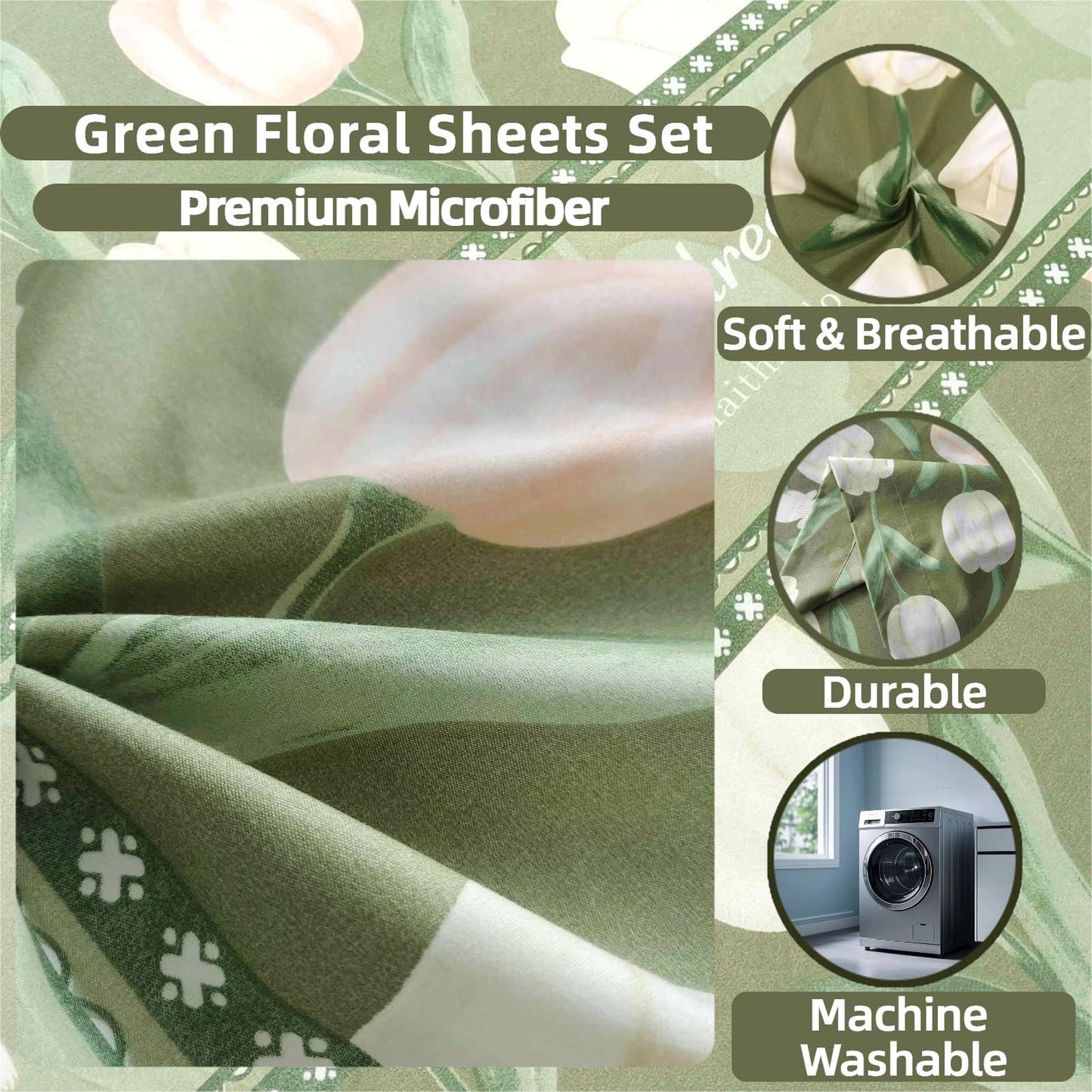 SDIII 4PCS Rabbit and Green Floral Bed Sheets Twin Set, Soft Microfiber Twin Bed Sheets Floral, Botanical Bedding Sheet All Season
