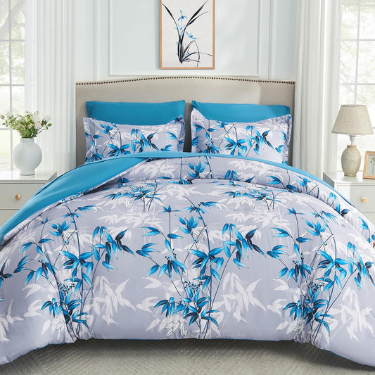LXWORX Queen Comforter Set Blue - 7 Pieces Bed in a Bag Botanical Leaf Pattern Bedding Set, Soft Lightweight Bed Set with Comforter and Sheets for All Season (Blue,Queen)