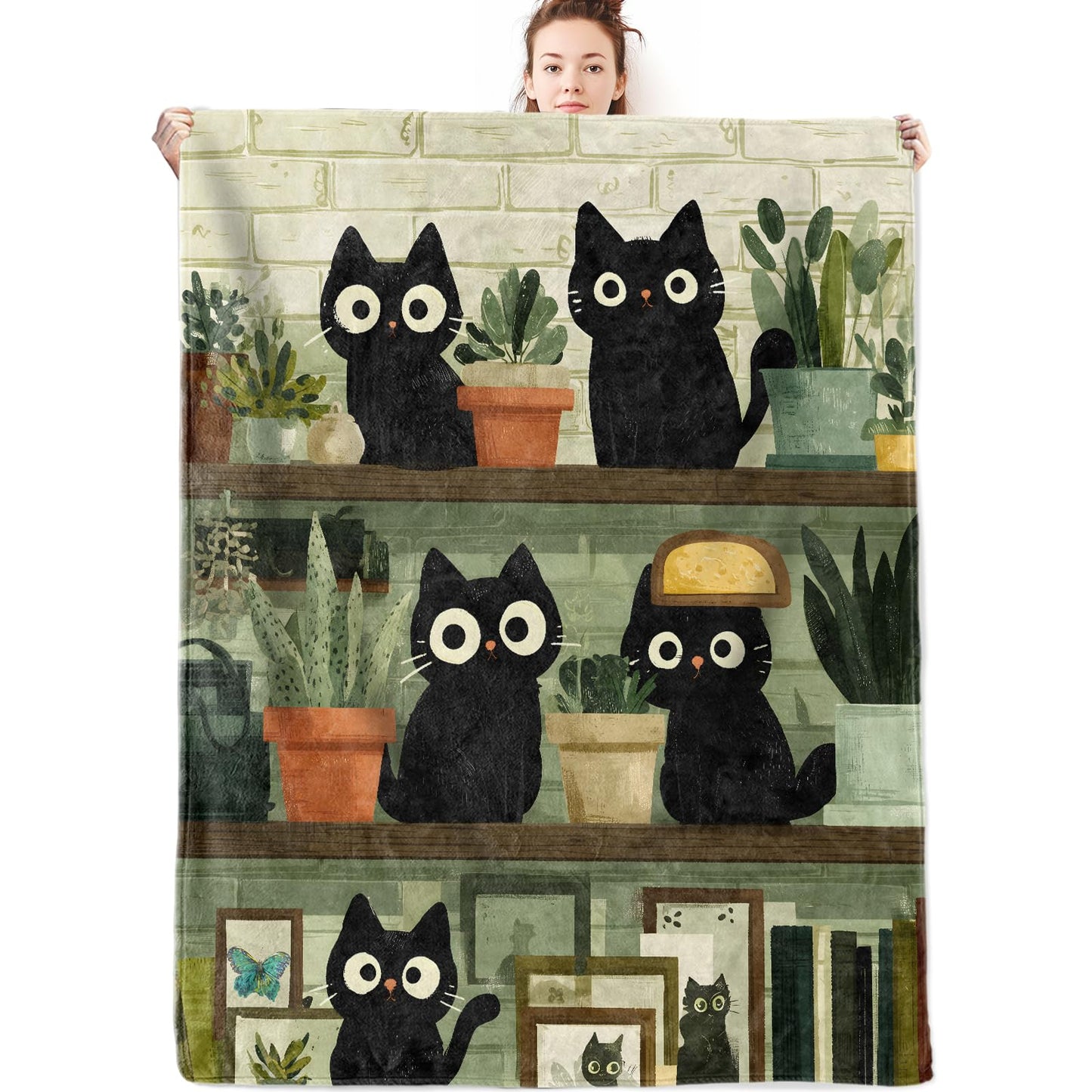 olpddz Black Cat Flannel Blanket Gifts for Pet Lover,60x50inch,Funny Cartoon Kitten Throw Blankets with Plant and Book on The Shelf,for Bedroom,Sofa,Living Room,Camping Home Decor Throws