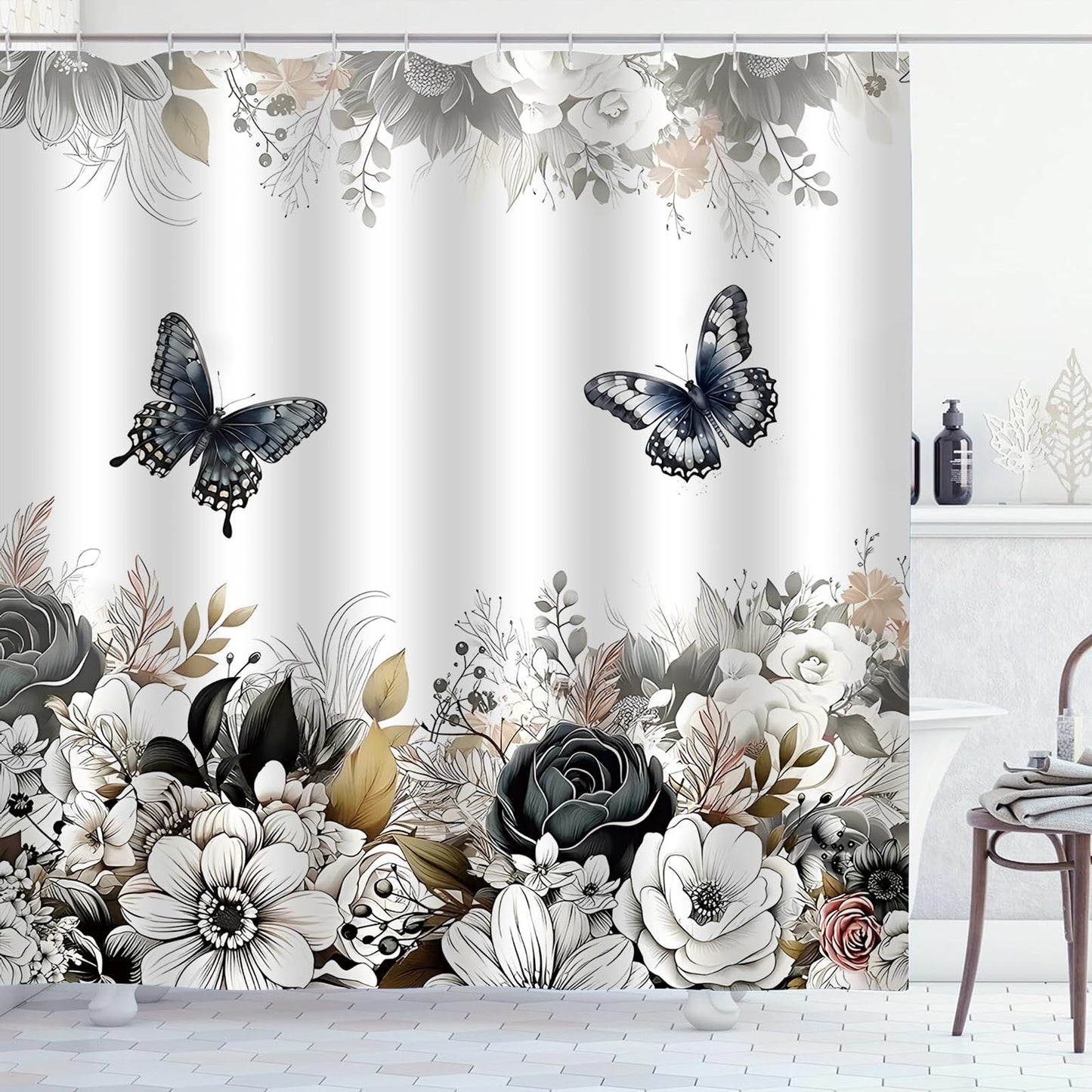 Aqrbeci Black White Floral Shower Curtain, Flower Butterfly Shower Curtains for Bathroom Grey Floral Leaf Waterproof Fabric Bathroom Curtains 72x72 Inch with 12 Plastic Hooks
