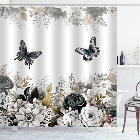 Aqrbeci Black White Floral Shower Curtain, Flower Butterfly Shower Curtains for Bathroom Grey Floral Leaf Waterproof Fabric Bathroom Curtains 72x72 Inch with 12 Plastic Hooks