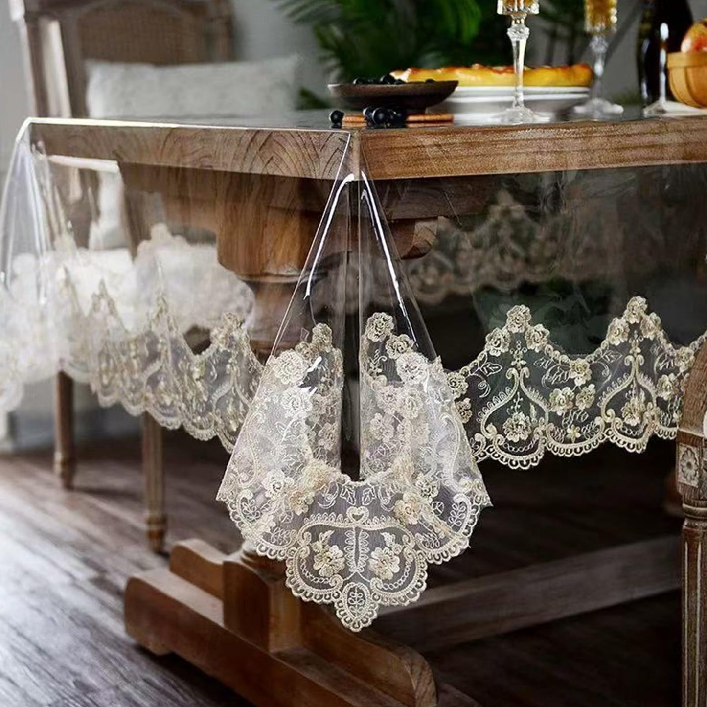 Jusmate Clear Vinyl Tablecloth Protector Transparent PVC Lace Border Plastic Waterproof Oil-Proof Rectangle Table Cover for Kitchen Home Dining Holiday Decoration (Champagne, 52 x 70 Inch)