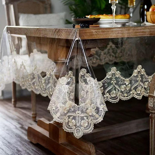 Jusmate Clear Vinyl Tablecloth Protector Transparent PVC Lace Border Plastic Waterproof Oil-Proof Rectangle Table Cover for Kitchen Home Dining Holiday Decoration (Champagne, 52 x 70 Inch)
