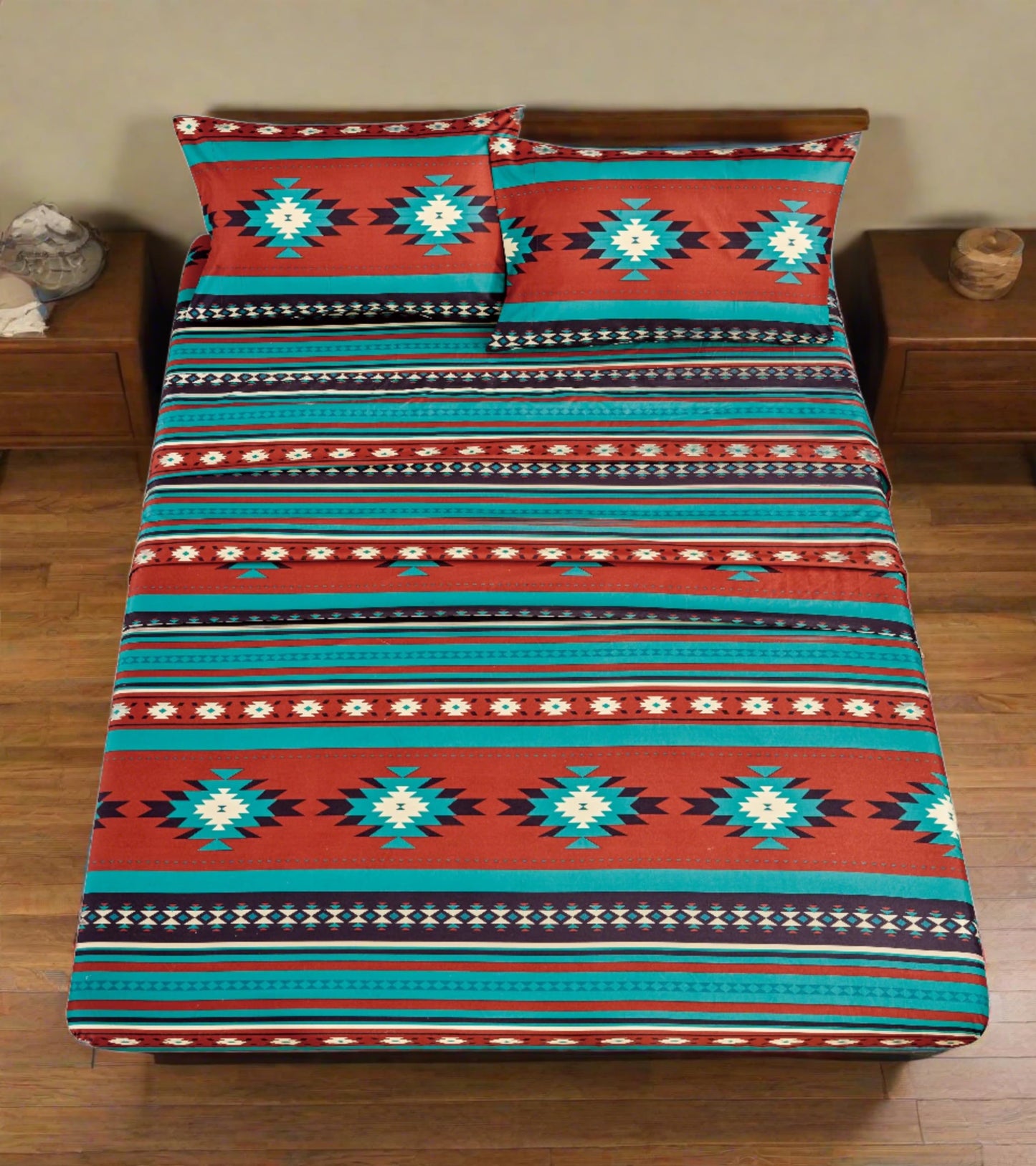 Chezmoi Collection Prescott 3-Piece Southwestern Microfiber Sheet Set, Printed Geometric Tribal Multicolor Red Teal Beige Bed Sheets, Twin XL Size
