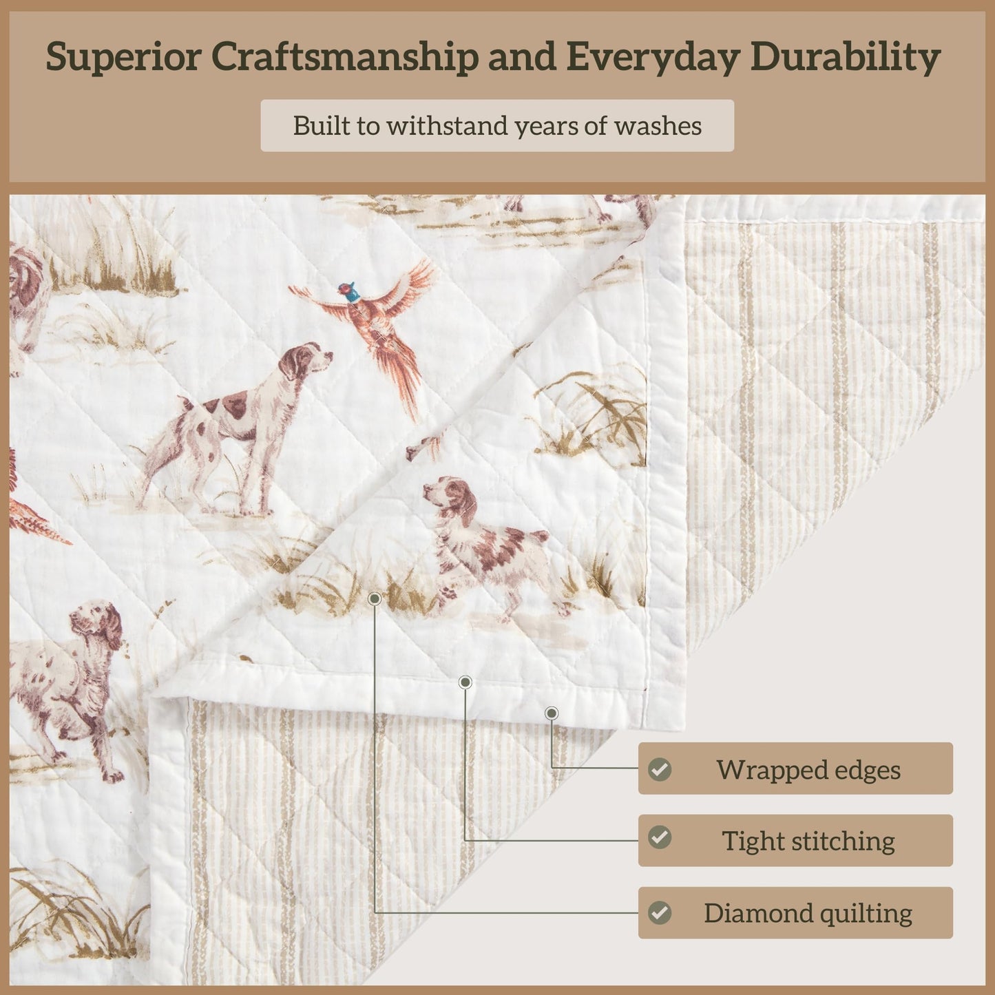 Paseo Road Hunt Life Cotton Quilt Set, 3 Piece Queen Bedding Set with Pillow Shams, White Brown Pheasant Hunting Dog Reversible Quilt Set, Soft Breathable Cozy Lightweight Quilt, Rustic Cabin Bedding