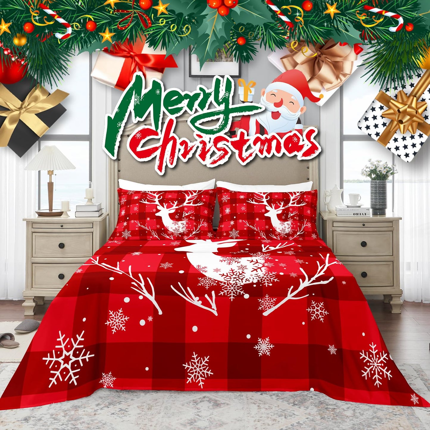 YIYEA Christmas Queen Sheet Set, Luxury 1800TC Double Brushed Microfiber Christmas Bed Sheets for Queen Size Bed, Extra Soft, Deep Pocket, Shrinkage and Fade Resistant, 4PC (Queen)