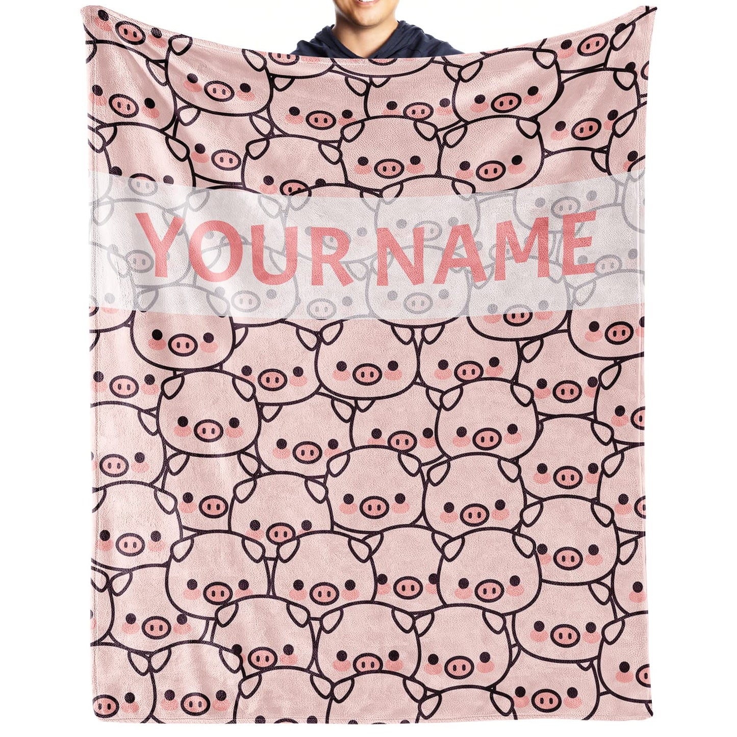 Personalized Pig Blanket Gifts with Text Name, 30"x40" Flannel Fleece Throw Blanket Soft for Girls Boys Adults, Lightweight, Comfortable, Warm Cute Pig Themed Blanket for Bed Couch