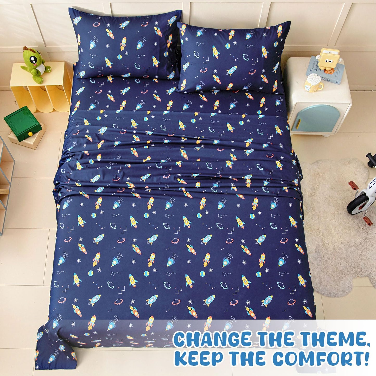 Swiftify Full Size Sheet Set for Kids Boys, 4-Piece Bed Sheet Set for Teens Boys Girls, Cartoon Printed Bedding Set, Microfiber Deep Pocket, Wrinkle & Fade Resistant, Space Rocket