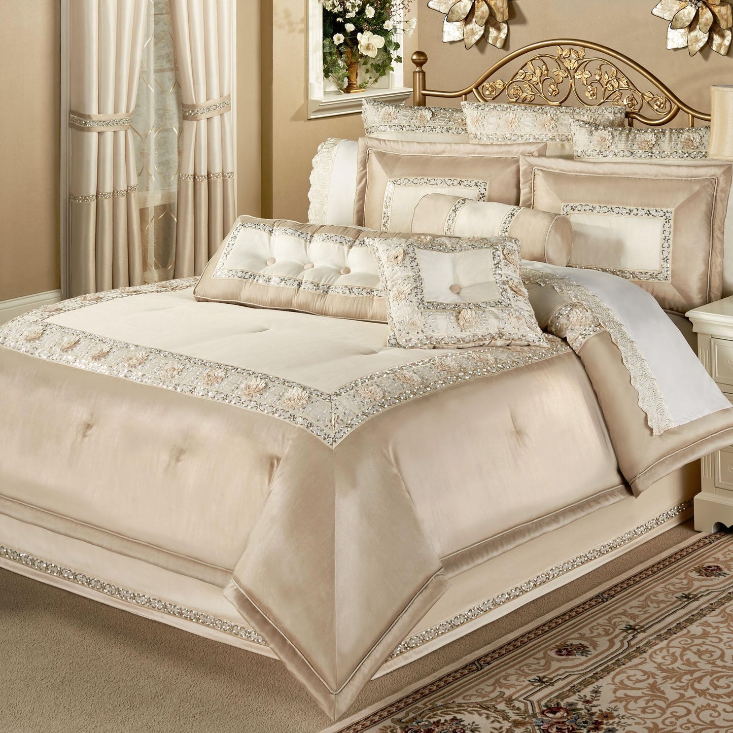 Luxury Elegante Sophisticated Polyester Faux Silk Queen Bedding | Light Cream Ivory Metallic Gold | Sequins Embroidery Floral | 4 Piece Set includes Comforter, Bedskirt, and Two Standard Shams