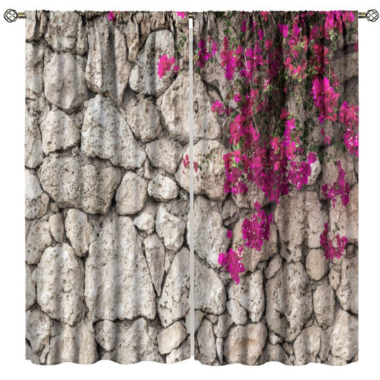 Stone Wall Flowers Curtains, Vintage Rustic Farmhouse Garden Brick Wall Spring Pink Flower Landscape Rod Pocket Window Drapes, for Bedroom Living Room 42" W X 45" L (Decorative)