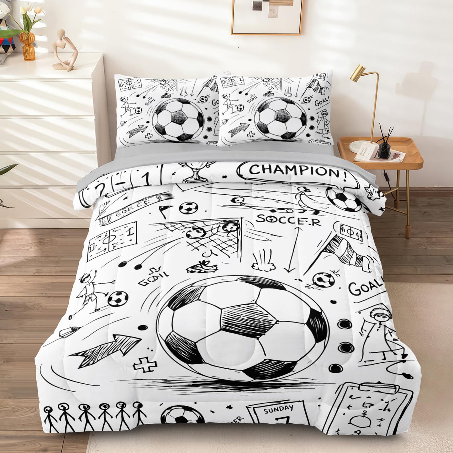 HICAND 5 Pcs Soccer Full Bedding Set for Boys Teens, Full Size Sports Sketch Style Soccer Boys Comforter Set with Sheets