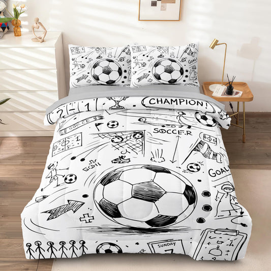 HICAND 5 Pcs Soccer Full Bedding Set for Boys Teens, Full Size Sports Sketch Style Soccer Boys Comforter Set with Sheets