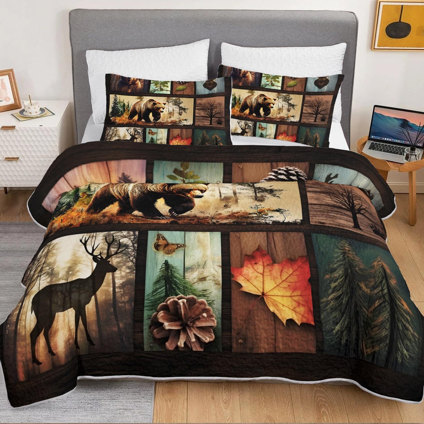 HOSIMA King Size Quilt,Deer Bear Print Forest Bedding Sets for Hunting Room Decor,Pine Cone Pattern Brown Hunting Themed Plaid Patchwork Bedding Quilts with 2 Pillowcases.