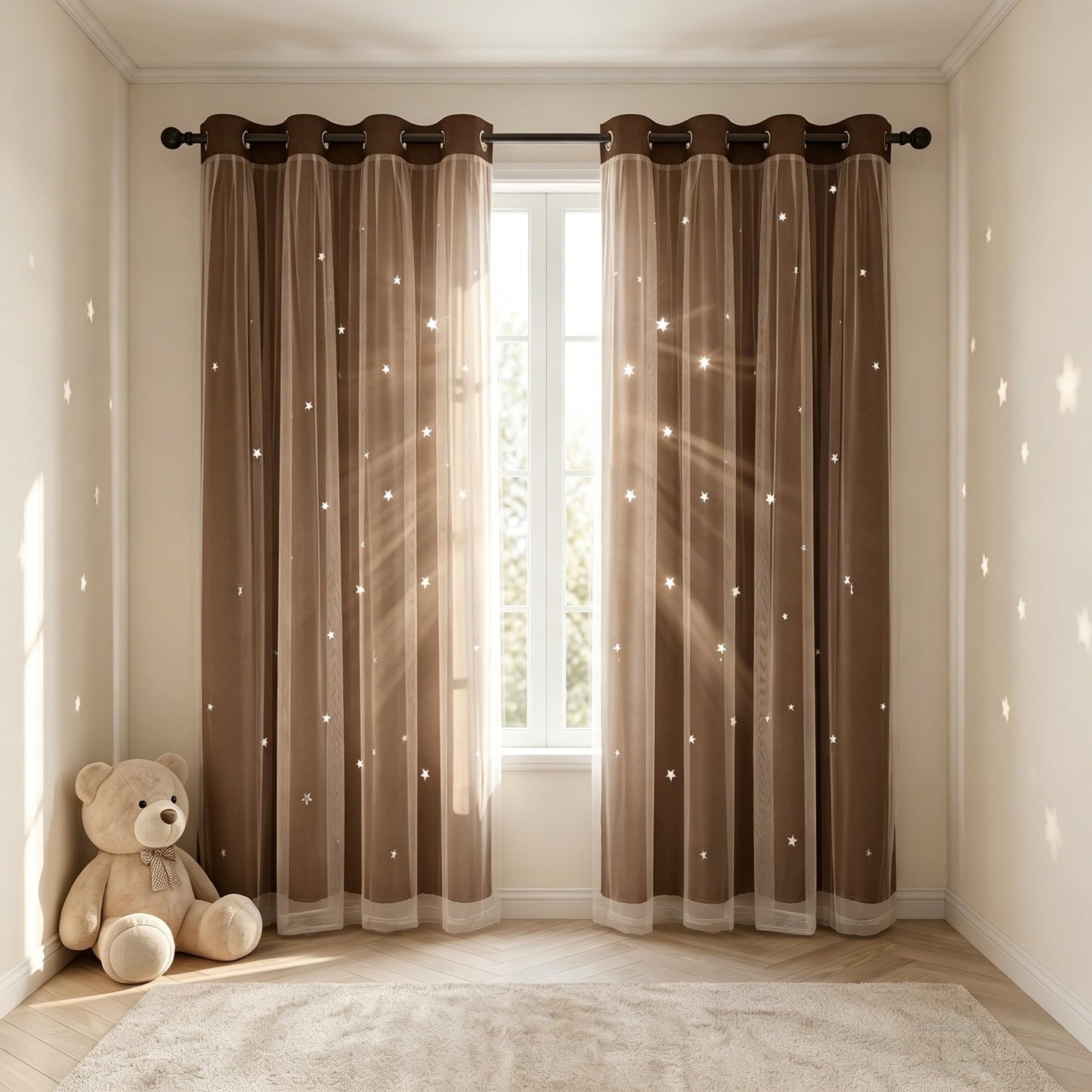 Kinryb Kids Blackout Curtains for Bedroom/Living Room/Classroom, Sheer Overlay Small 2 Panel Set, Double Layer Curtains with Star Cutout for Kids Room(W 52 x L 45 Inches,Coffe 2 Pcs)