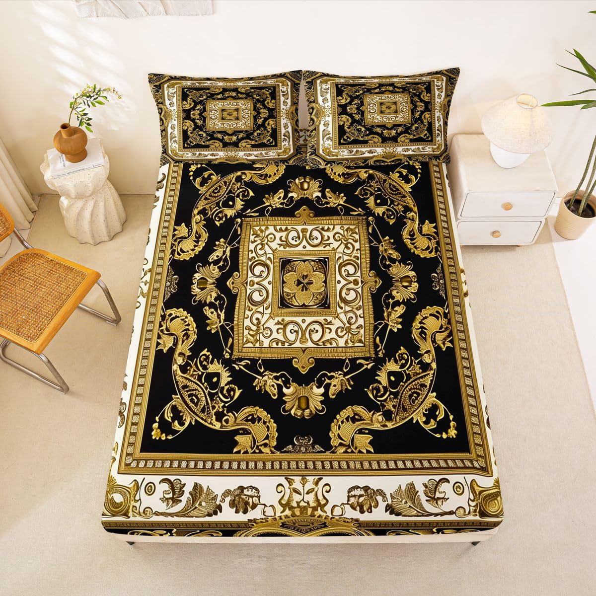 Erosebridal Boho Chic Floral Bed Sheets Set Full Hippie Paisley Sheet Set Vintage Boho Sheets Golden Black Flat Fitted Sheet
