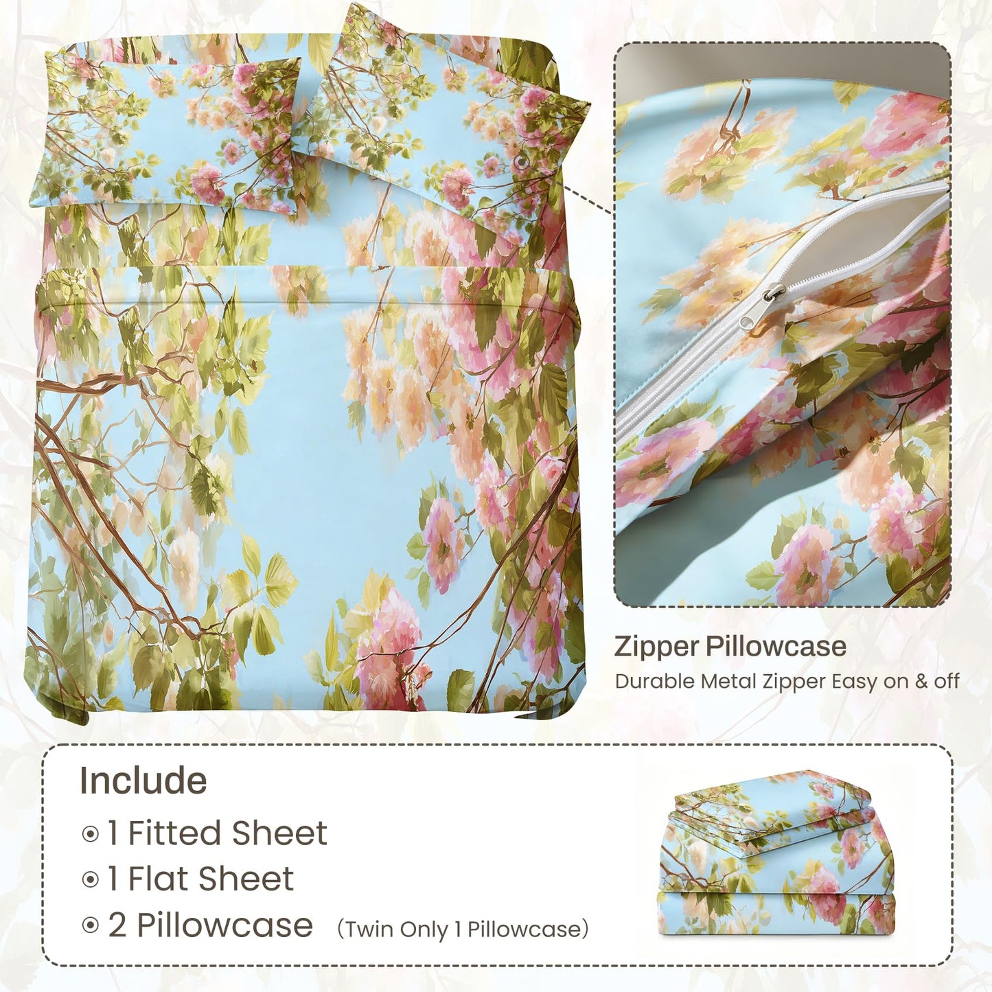 Spring Flower Bedding Set 4 Pcs Blue Sky Floral Full Sheets