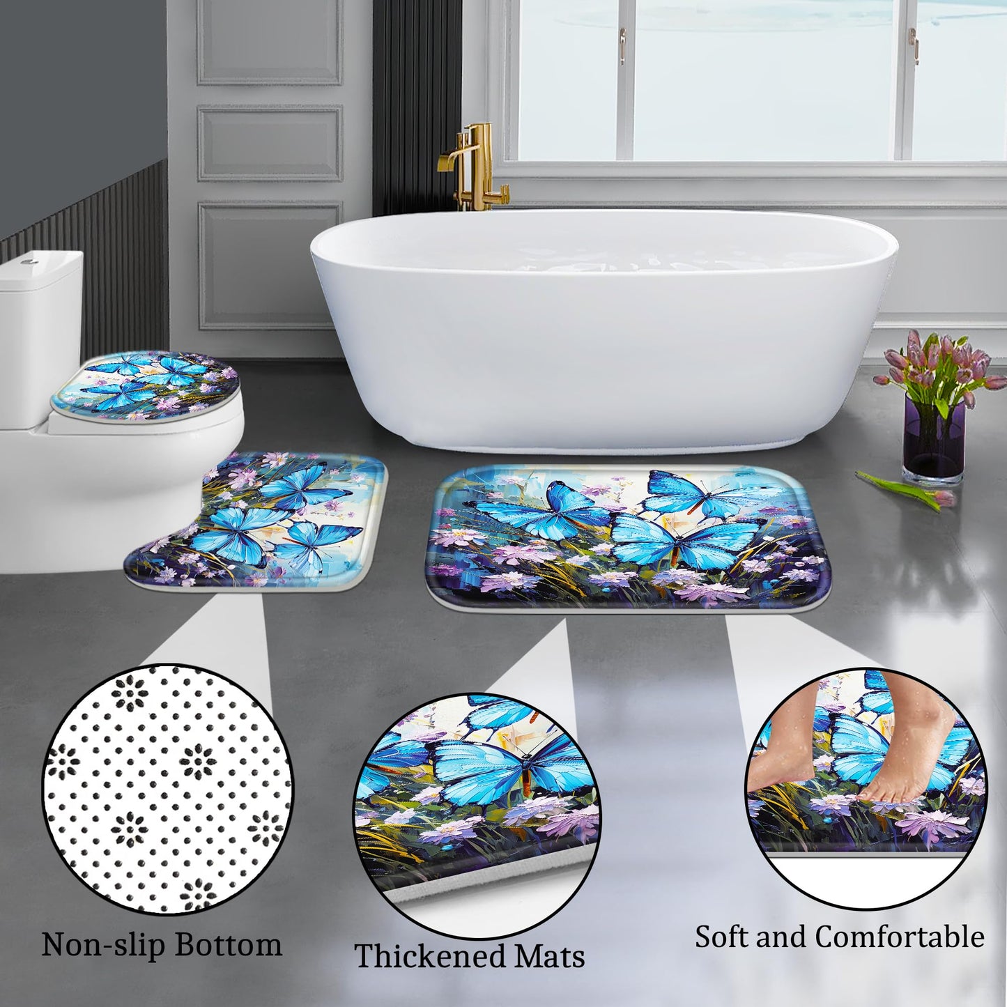 Poedist 4-Piece Blue Butterfly Bathroom Set with Non-Slip Rug, Toilet Seat and Floor Mat (with 12 Hooks), Floral Shower Curtain Set, Bathroom Set with Rug and Accessories