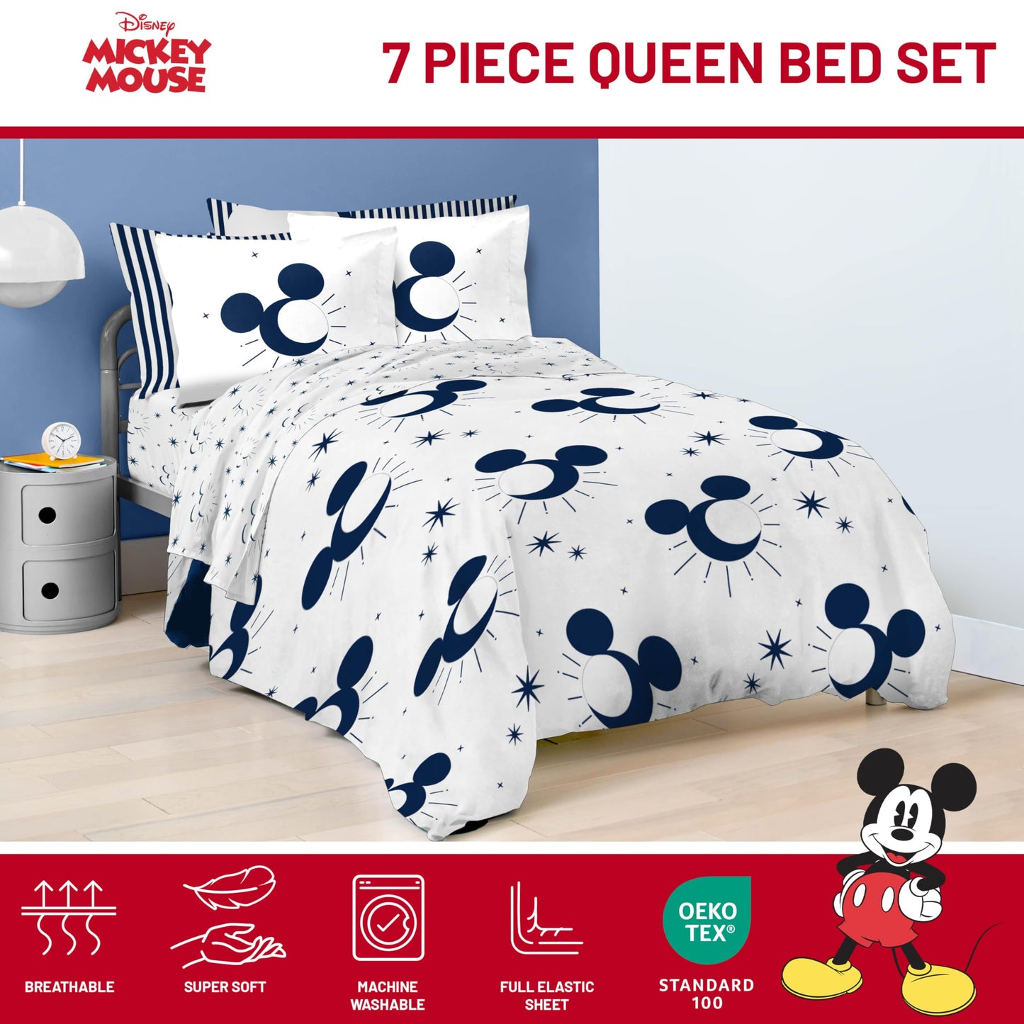 Jay Franco Disney Mickey Mouse Queen Comforter Set - 7 Piece Bedding Includes Sheet Set & Pillow Covers - Super Soft Cozy Celestial Bedding