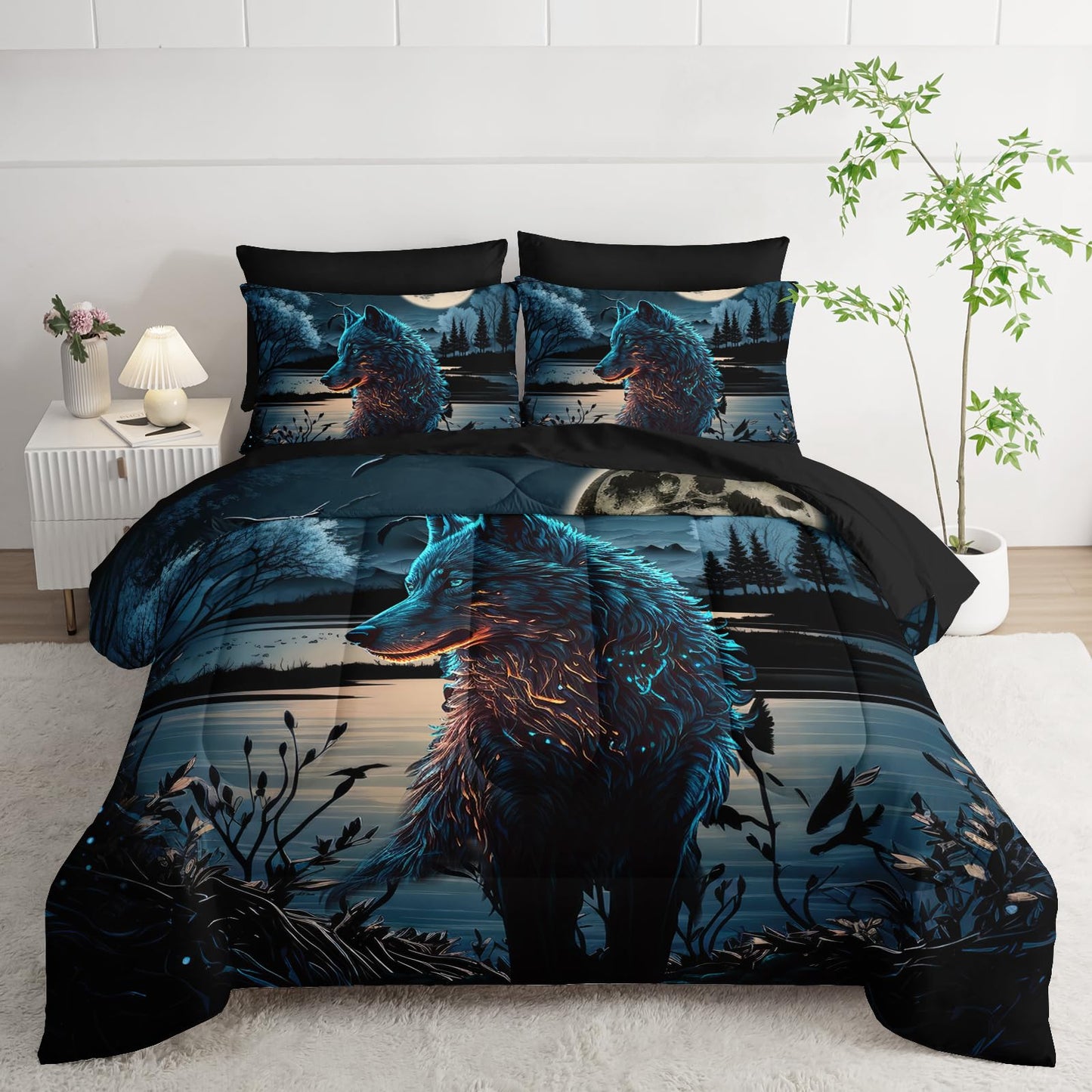 AILONEN Wolf Comforter Set Twin Size,7Pcs Soft Kids Boys Bed in a Bag,Moon Black Wolf Bedding Print Comforter & Fitted Sheet & Flat Sheet & 2 Pillowcases,2 Pillow Shams for Room Decor