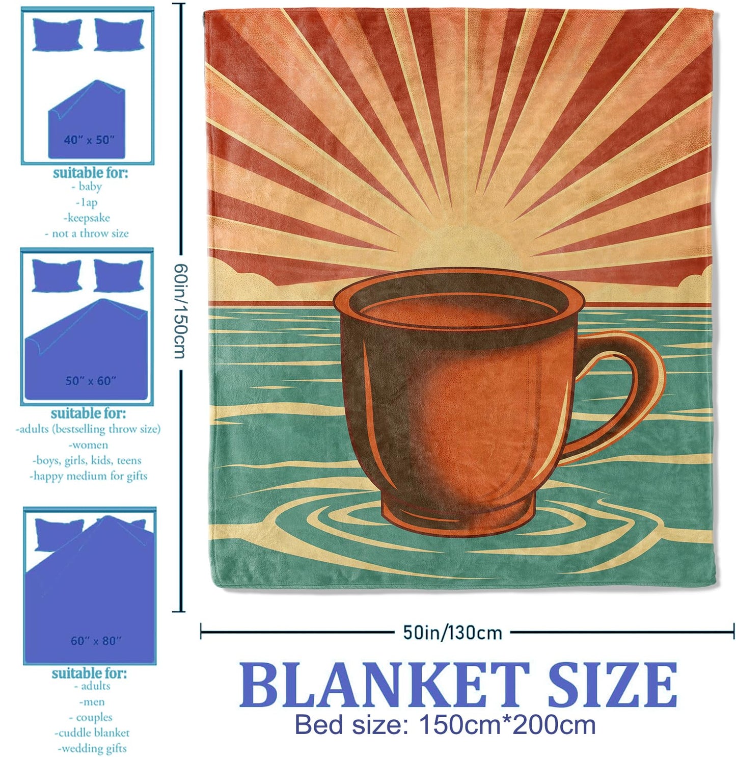 Plistiz Coffee Throw Blanket - 50x60 Inch, Artistic Coffee Cup Sunrise Design, Flannel Polyester, Energizing Gift for Lovers