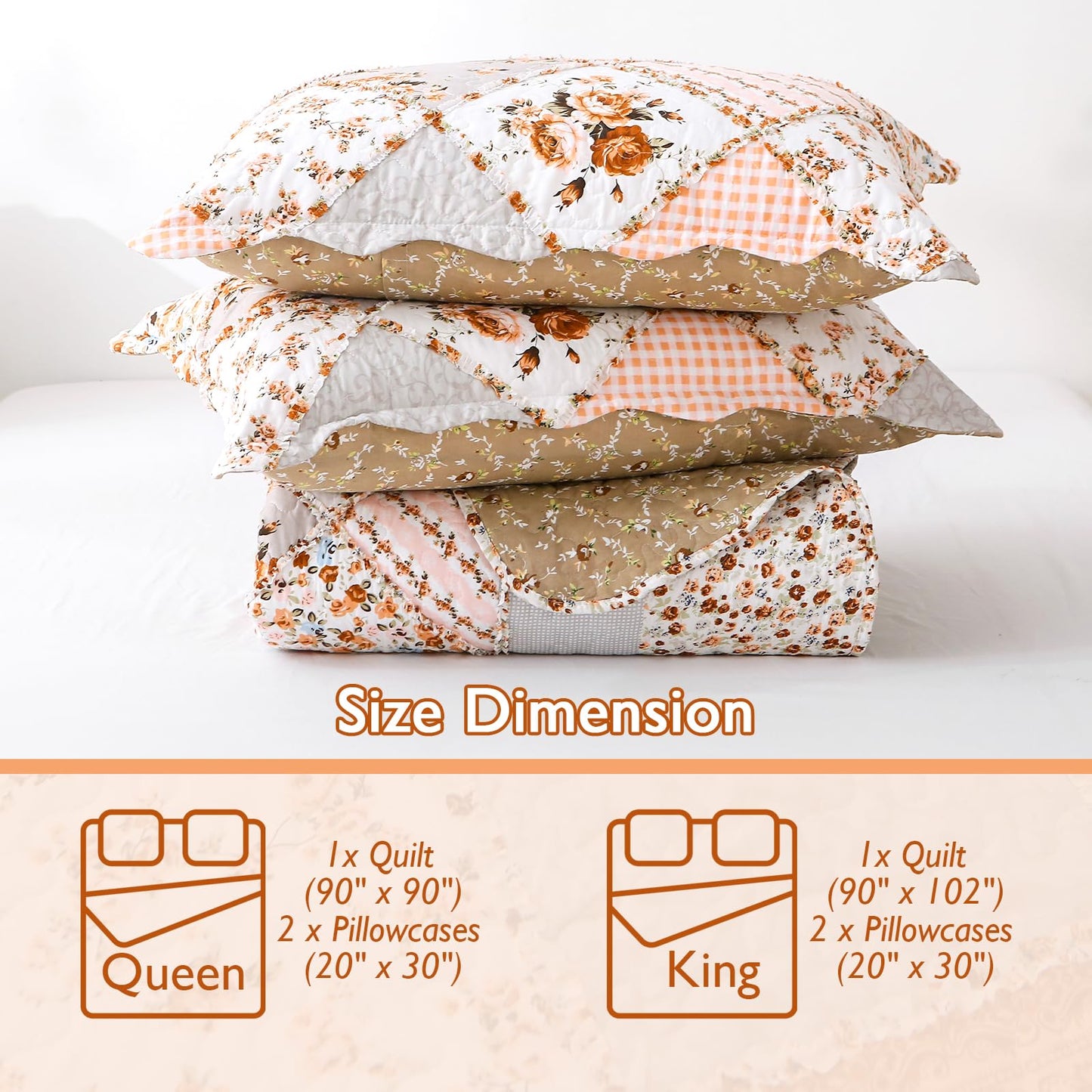 Yumhjika Patchwork Quilt Set Queen Size, 3 Pieces Floral Plaid Bedspreads Coverlet, Soft Microfiber Lightweight Bedding Set for All Season,Orange