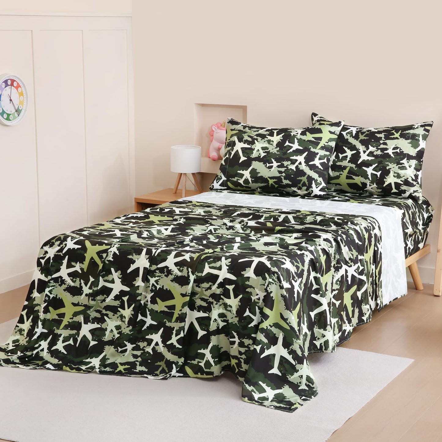 Yibeizi Airplane Sheet Set for Boys Full, Kids Camouflage Green Print Bedsheets Microfiber Deep Pocket Cute Patterned Bed Sheet & Pillowcase Sets 4 Pieces