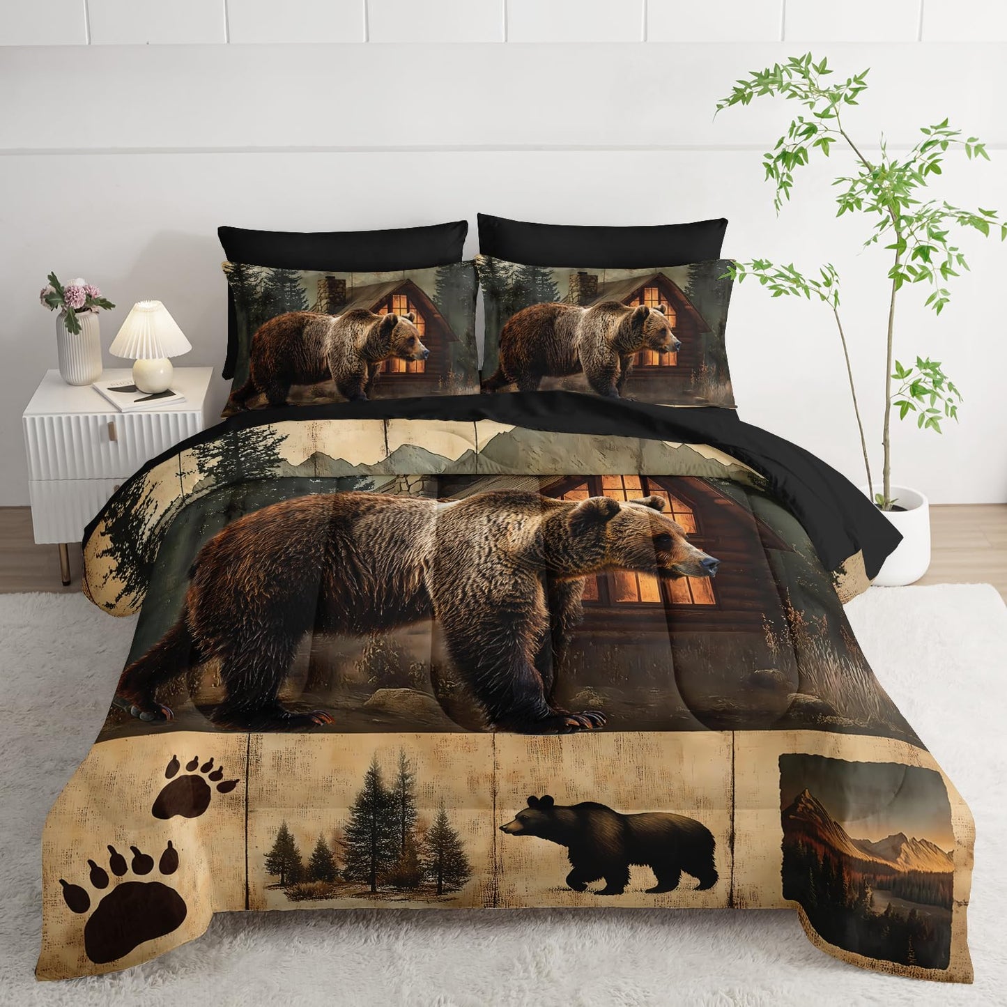 AILONEN Rustic Bear Comforter Set Queen Size - 7Pcs Bedding Soft Bed in a Bag - Hunting Comforter & Fitted Sheet & Flat Sheet & 2 Pillowcases & 2 Pillow Shams for Kids Boys Adults