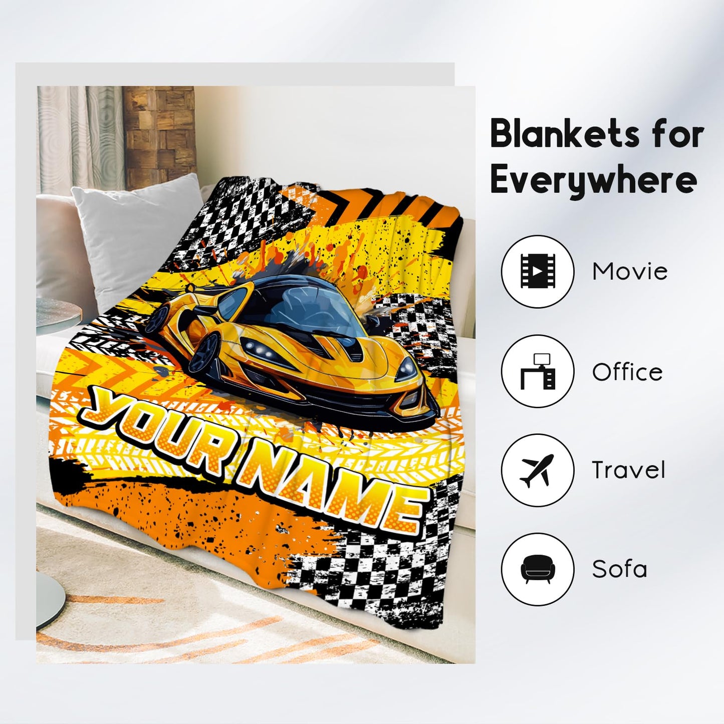 AIOMXZZ Boys Blanket, Personalized Racing Car Blankets Gifts for Kids Toddler, Sports Throws with Car for Bedding Room, 4 Size