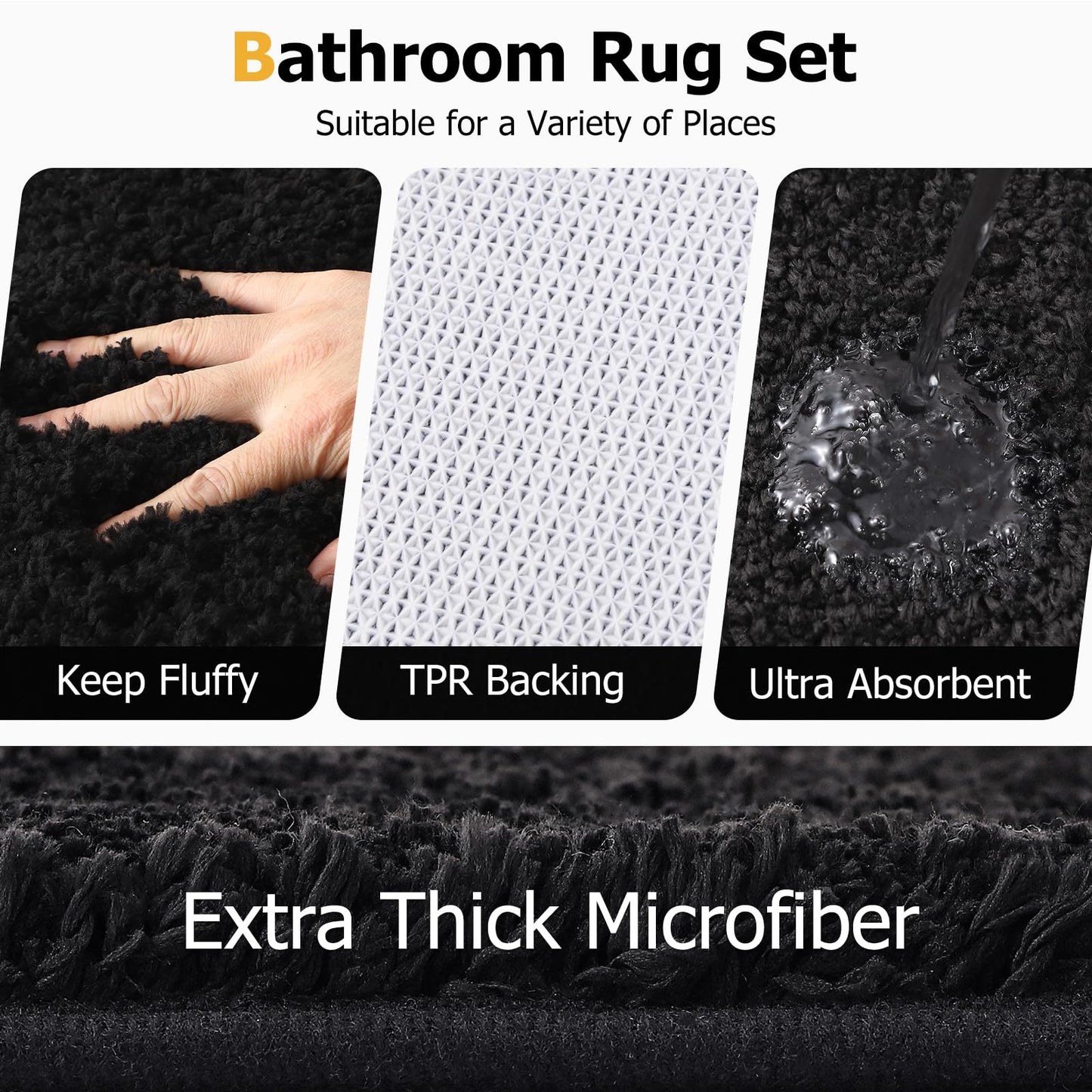 XLHOMO Shower Curtain Set Black Bathroom Sets with Shower Curtain and Rugs Glitter Waterproof Shower Curtain with Non-Slip Bathroom Rugs for Hotel Shower Bathroom Decor