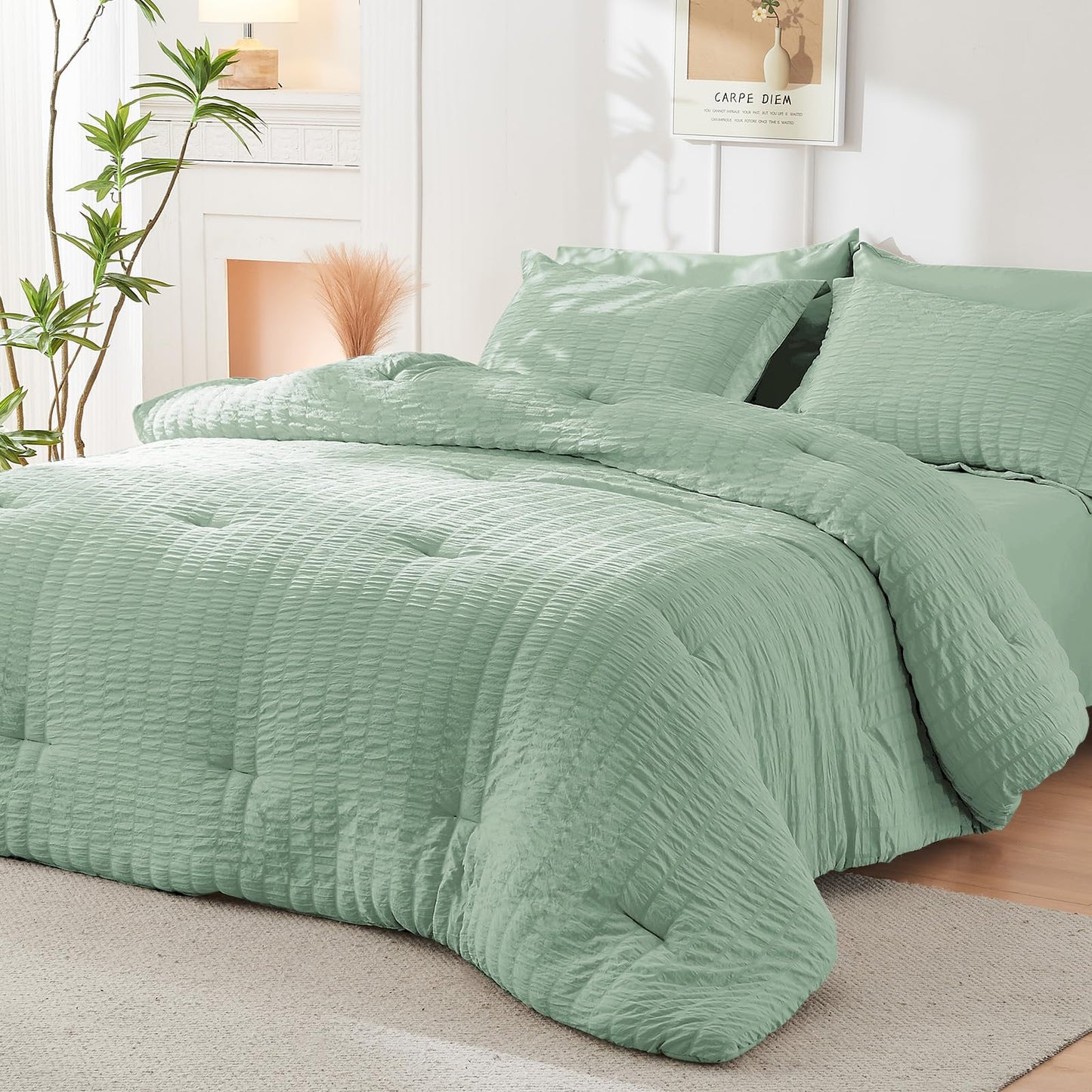 HYMOKEGE Sage Green Oversized Queen Comforter Set Seersucker 7 Pieces, All Season Luxury Bed in a Bag for Bedroom, Bedding Set with Comforter, Sheets, Pillowcases & Shams
