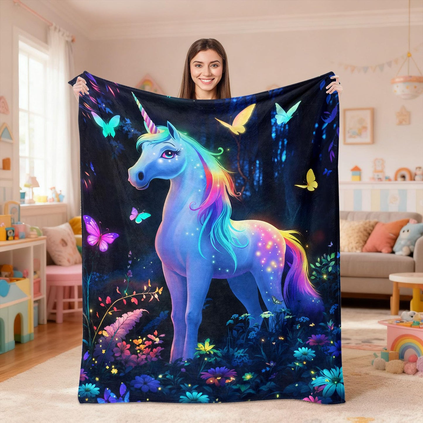 kampdream Unicorn Flannel Blanket, Enchanted Forest Dream with Rainbow Mane and Tail Butterfly Surrounded Super Soft and Warm for Couch Sofa Living Room Ideal Gift for Girls Teens 50×60 inch