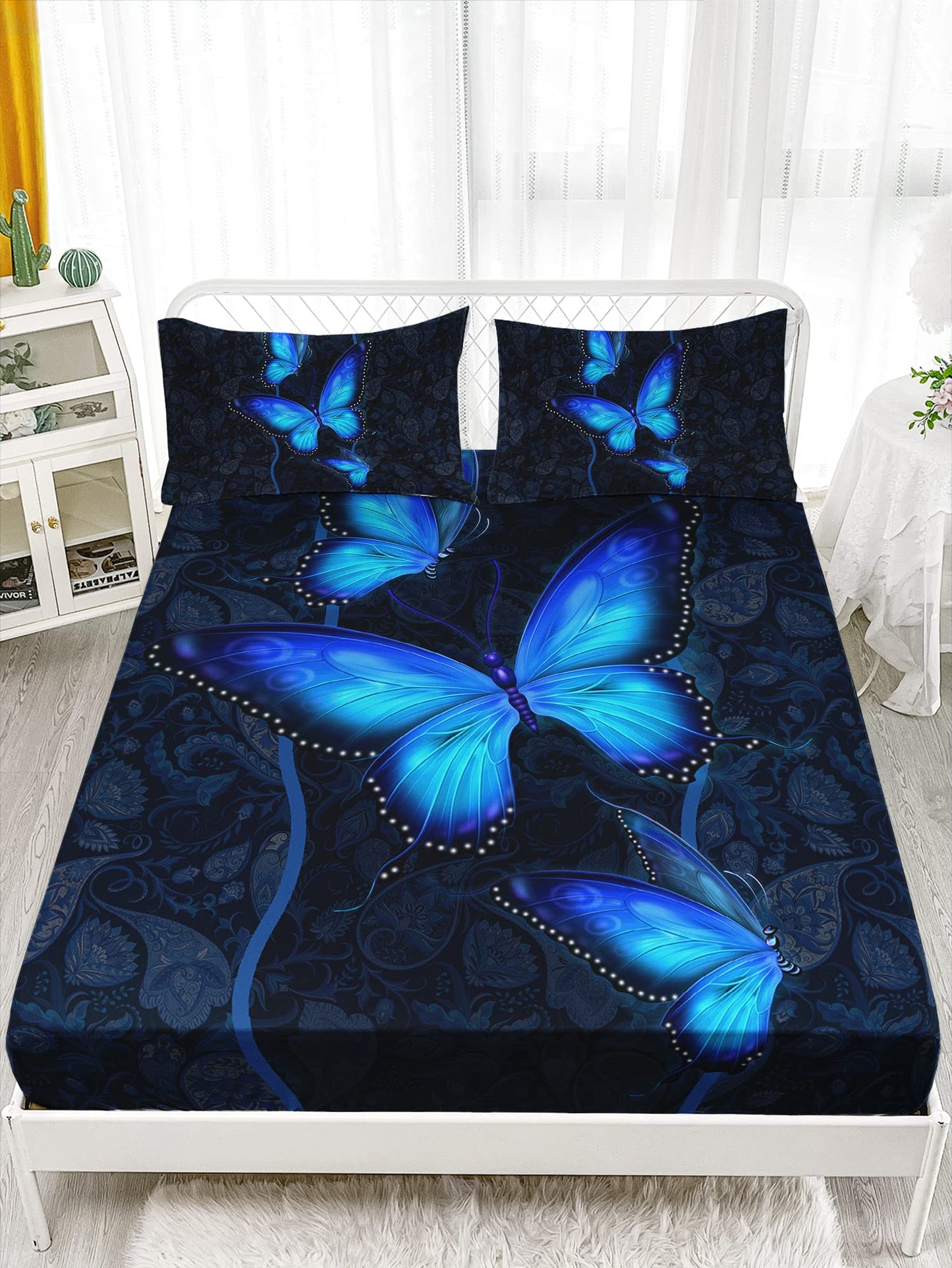 HOSIMA Blue Butterfly Bedding Set for Girls Bedroom Set,Mandala Boho Floral Full Fitted Sheet Set,Butterfly Print Fitted Sheet Full Size, 1 Fitted Sheet+2 Pillowcases.