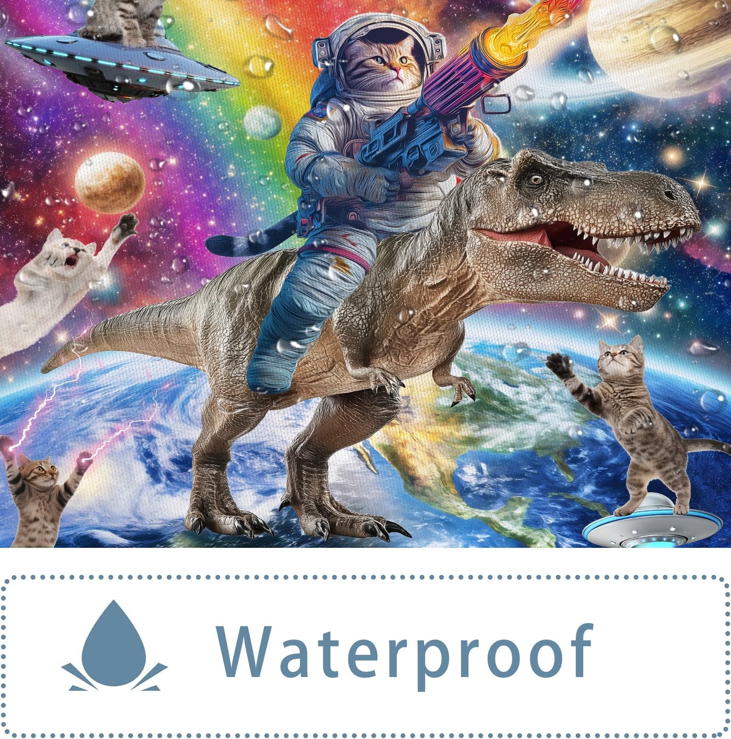 Aeyadis Funny Cat Riding Dinosaur Shower Curtain, Cool Cute Space Fantasy Galaxy Kids Shower Curtains Decor for Boys Girls Bathroom Set, Washable Waterproof Fabric with 12 Hooks, 72x72 Inch