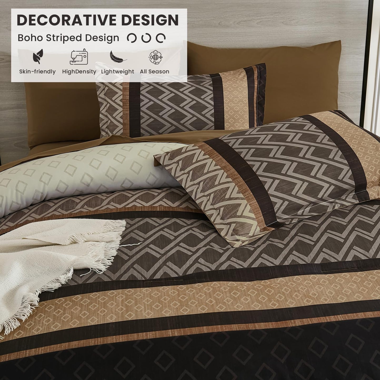 Cottolester Brown Comforter Set Queen Size,Boho Striped Bed in a Bag,7 Piece Plaid Comforter and Sheet Set, Soft Microfiber Complete Bedding Sets