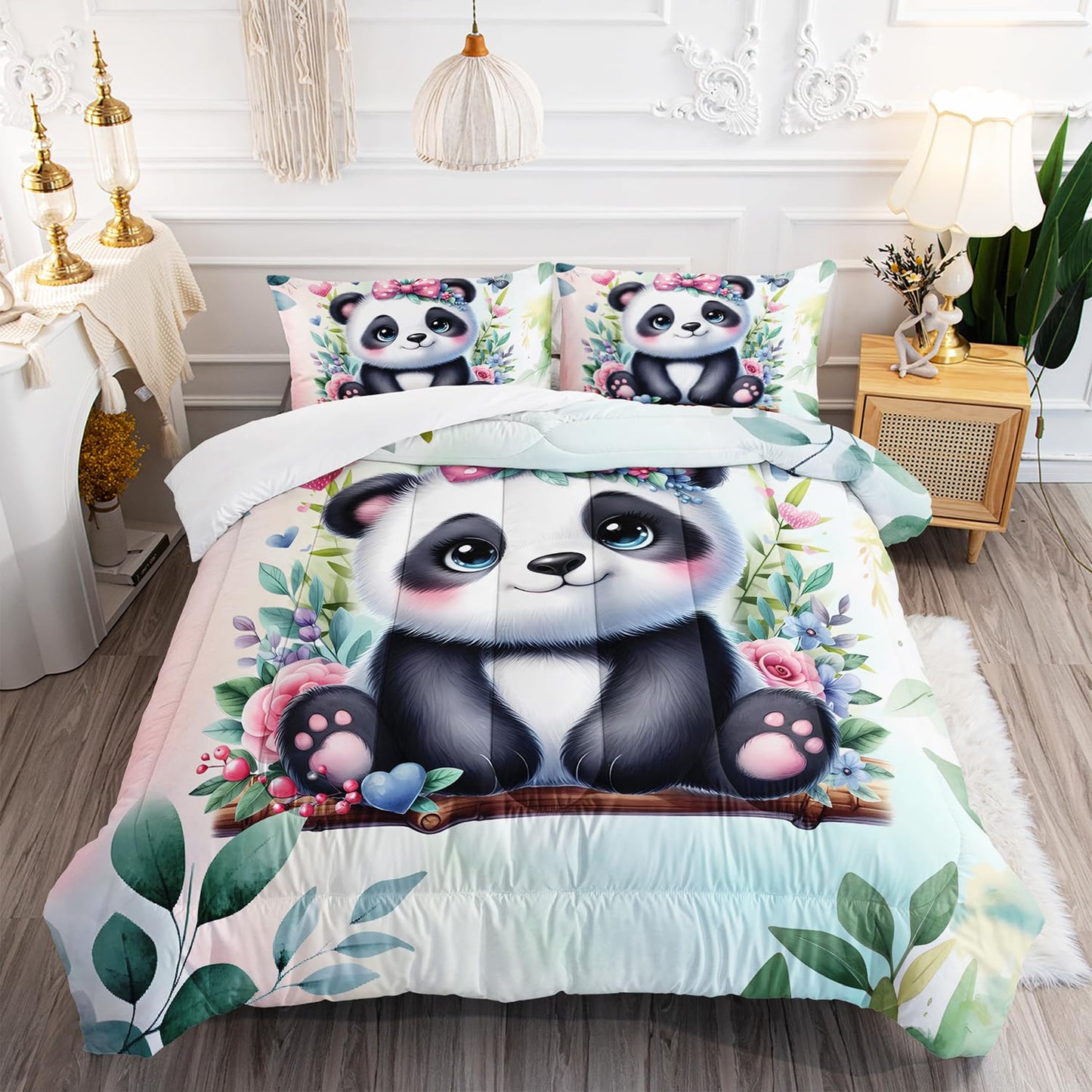 Kawaii Panda Comforter 3Pcs Twin Tie Dye Wildlife Flower Bear Bedding Set