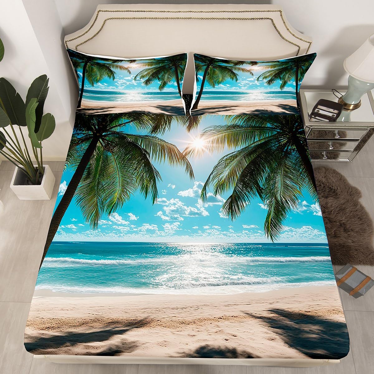 jejeloiu Beach Theme Fitted Sheet Full Size Kids Summer Sea Ocean Palm Leaf Bed Sheets Set for Boys Girls Teens Wave Coastal Natural Scenery Bedding Set Room Decor